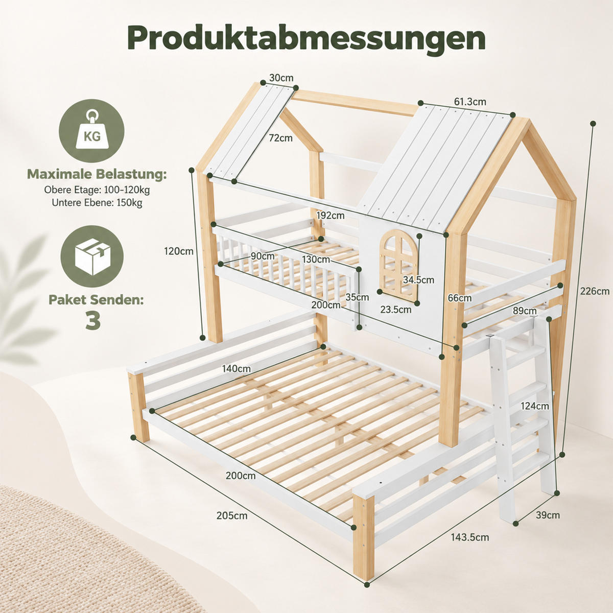 ETAGENBETT 90x200/140x200 mit Leiter, Dach/Rausfallschutz, Holz, Weiß/Natur - Weiß, Holz - LVHOM