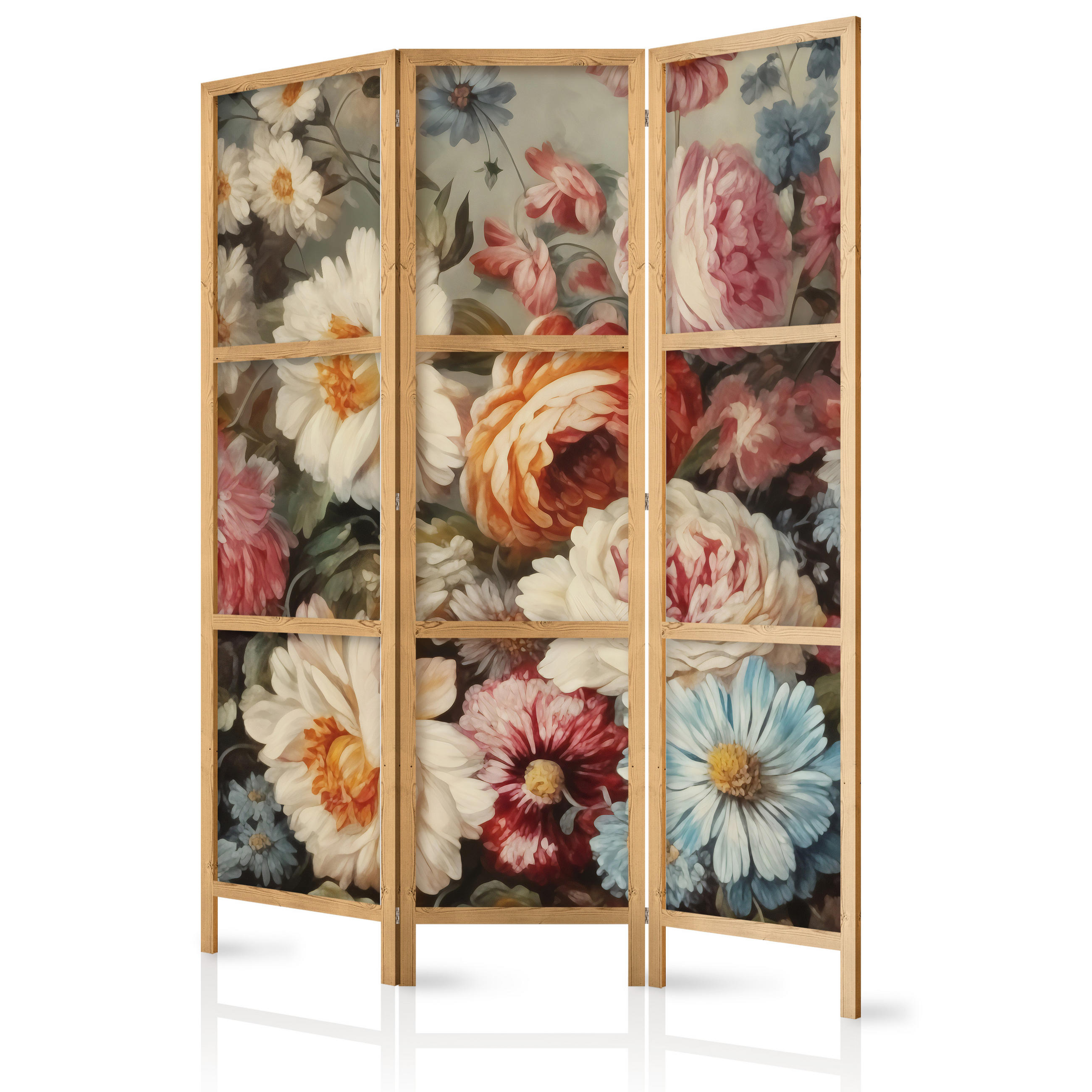 PARAVENT Japanischer 3-tlg 135x172 cm Bunte Blumen - Multicolor, Holz/Textil (135/172/3cm) - Muralo