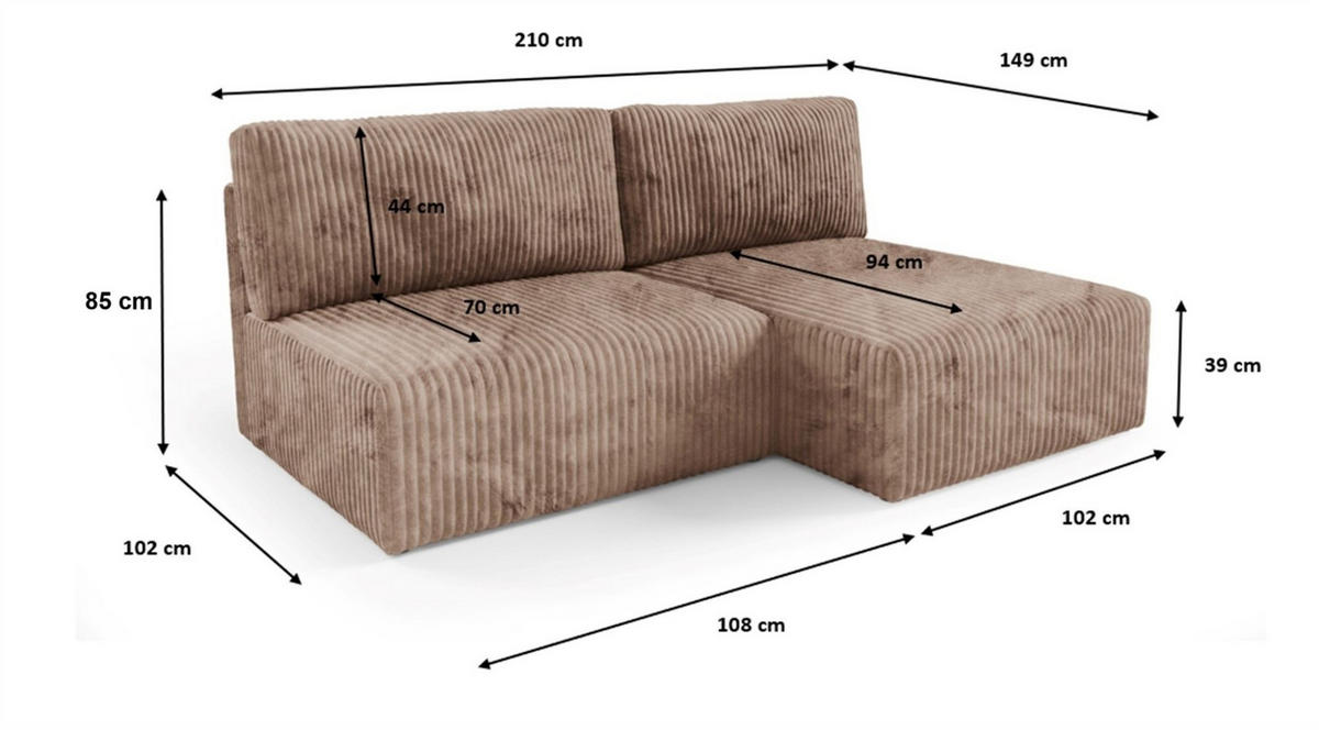 ECKSOFA Natalia Xs - Schwarz, Holzwerkstoff/Textil (149/210cm) - Fun Möbel