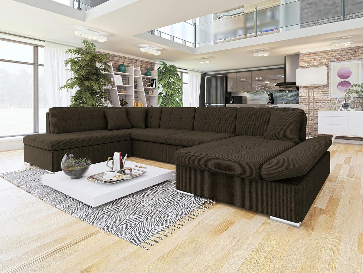 WOHNLANDSCHAFT Bergen Cord, Seite: Rechts - Silberfarben/Nussbaumfarben, Holz/Textil (345/76/205cm) - MIRJAN24