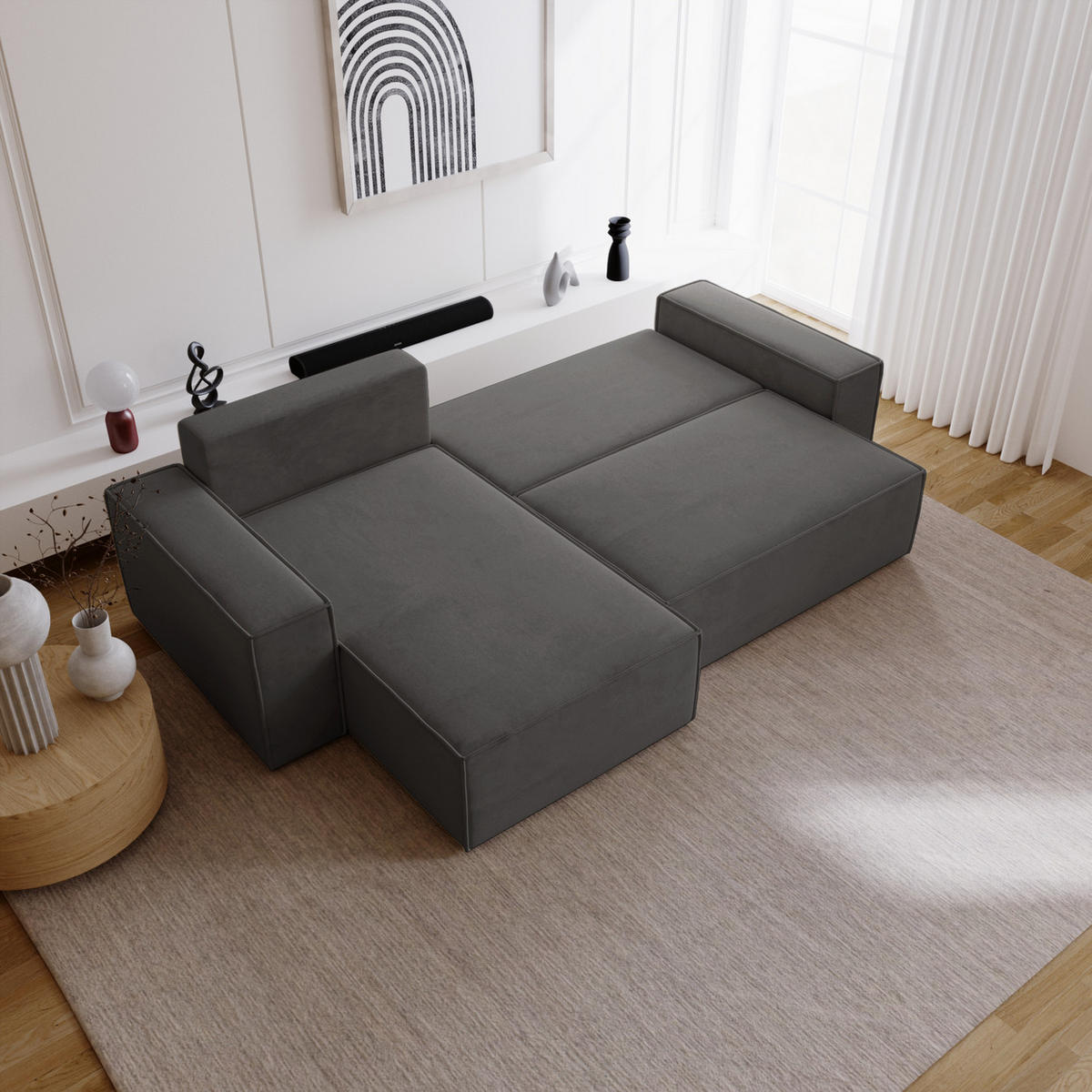 ECKSOFA mit Schlaffunktion Bergamo L 280 cm, Samt, Links - Dunkelgrau - Dunkelgrau, Holz (277/189cm) - Emporius