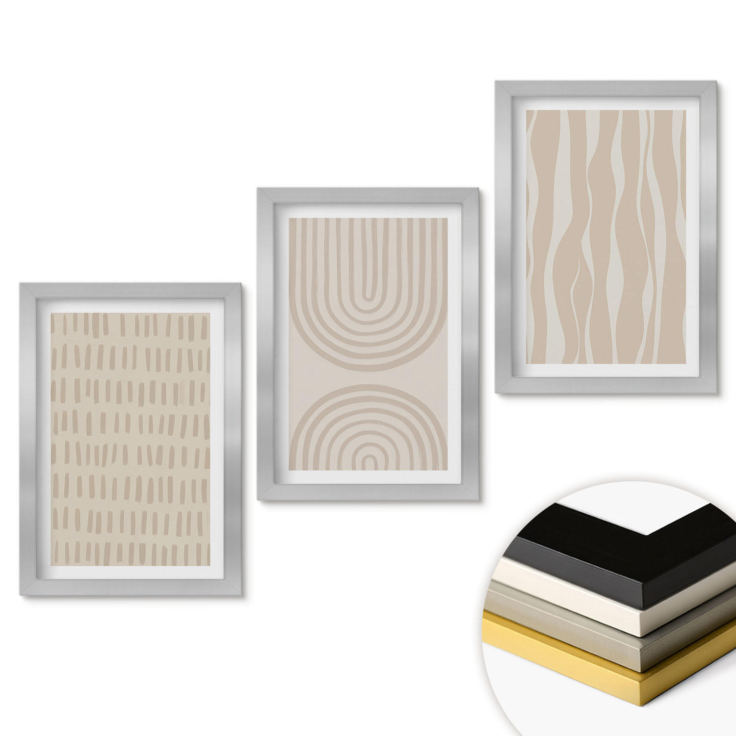 WANDBILDER 3er Set - 20x30 cm Silberner Rahmen - Abstrakte beige Muster - Silberfarben, Kunststoff (20/30cm) - ArtPrintCave