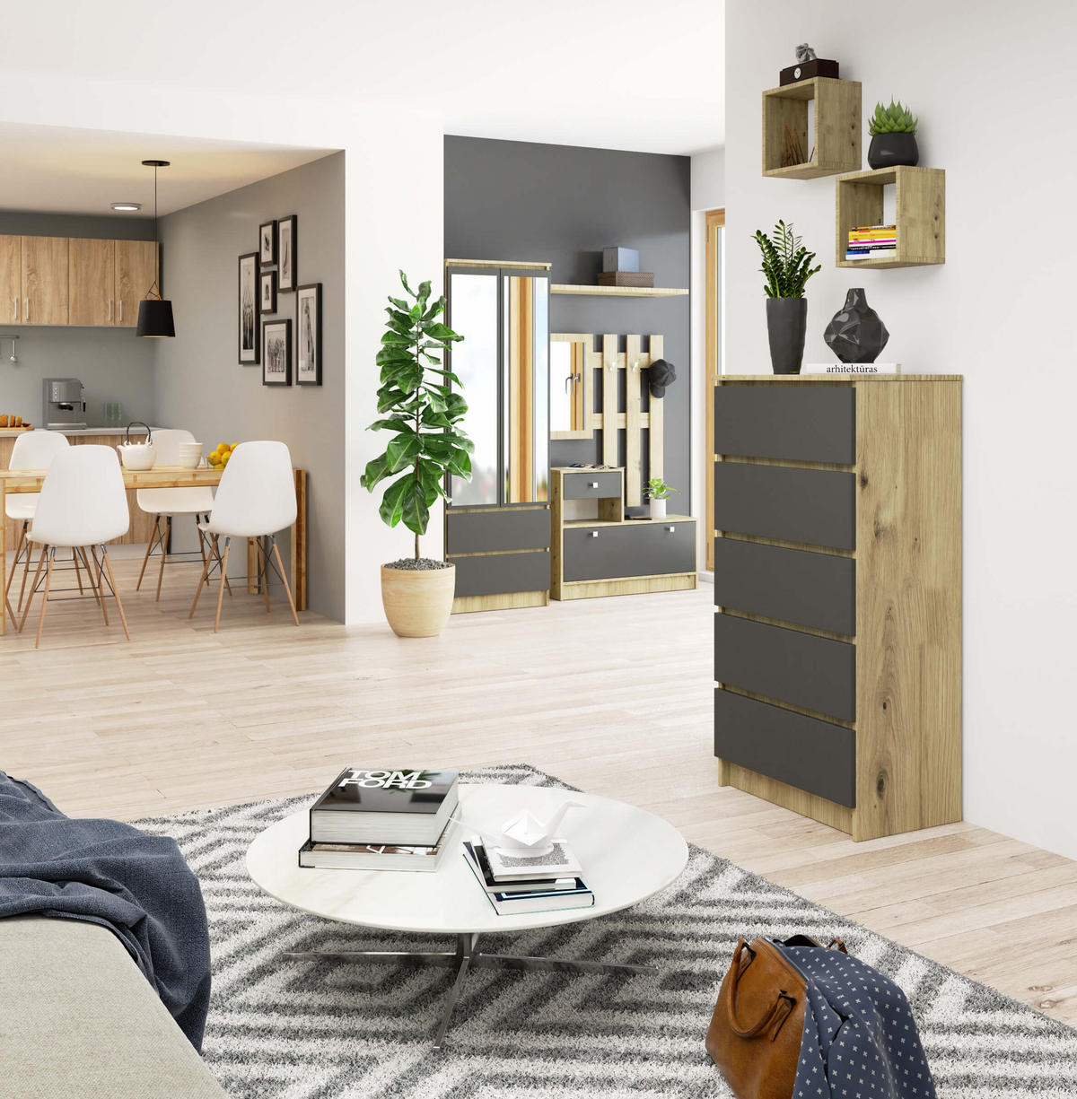 KOMMODE Eiche Artisan, Graphit Grau 121/60/40 - Eiche Artisan, Holzwerkstoff (60/121/40cm) - RAUMHIRSCH FURNITURE