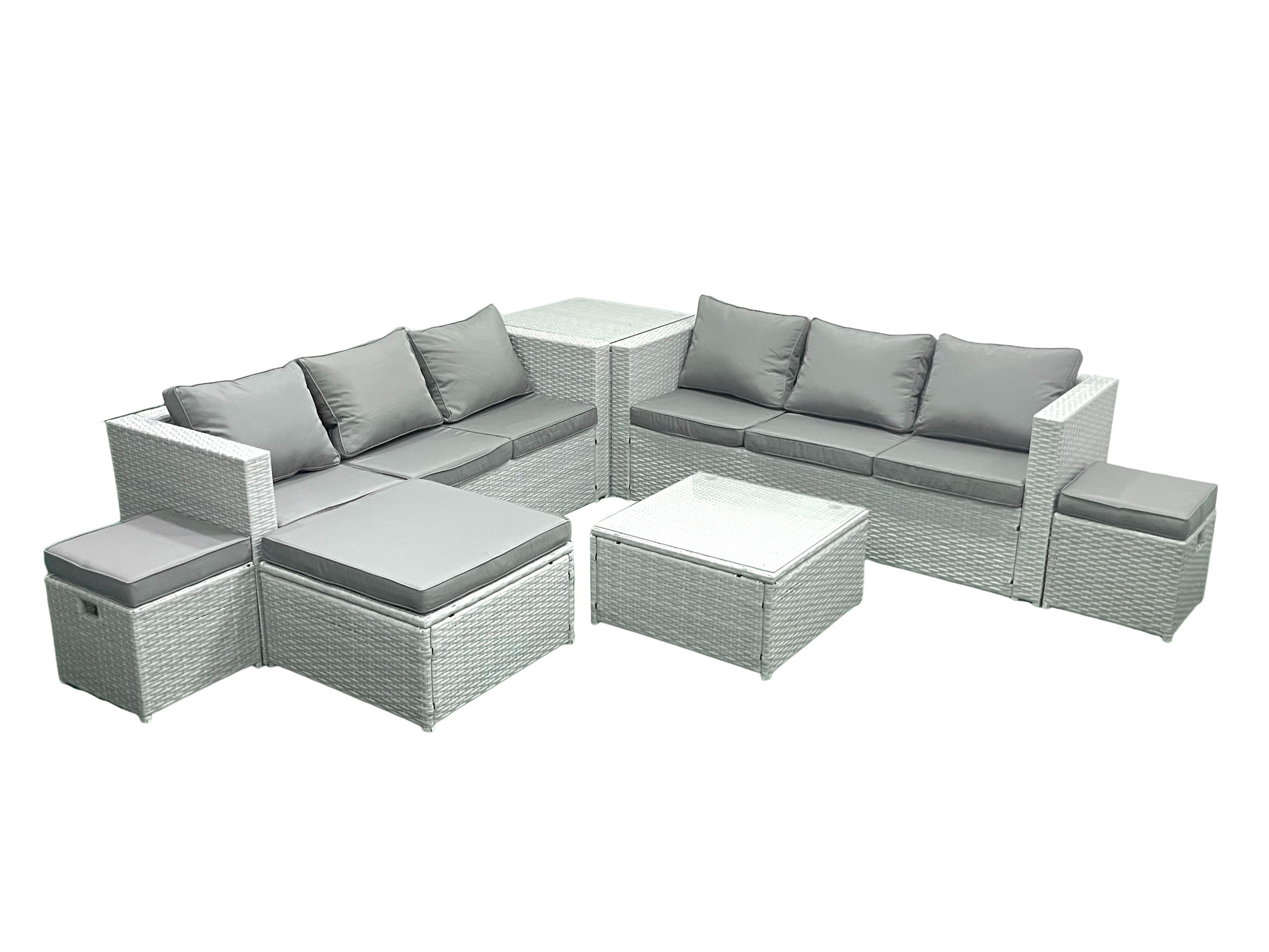GARTENMÖBEL-SET mit Kissen Polyrattan Hellgrau-Mix 9-Sitzer - Hellgrau/Grau, Glas/Kunststoff - Fimous
