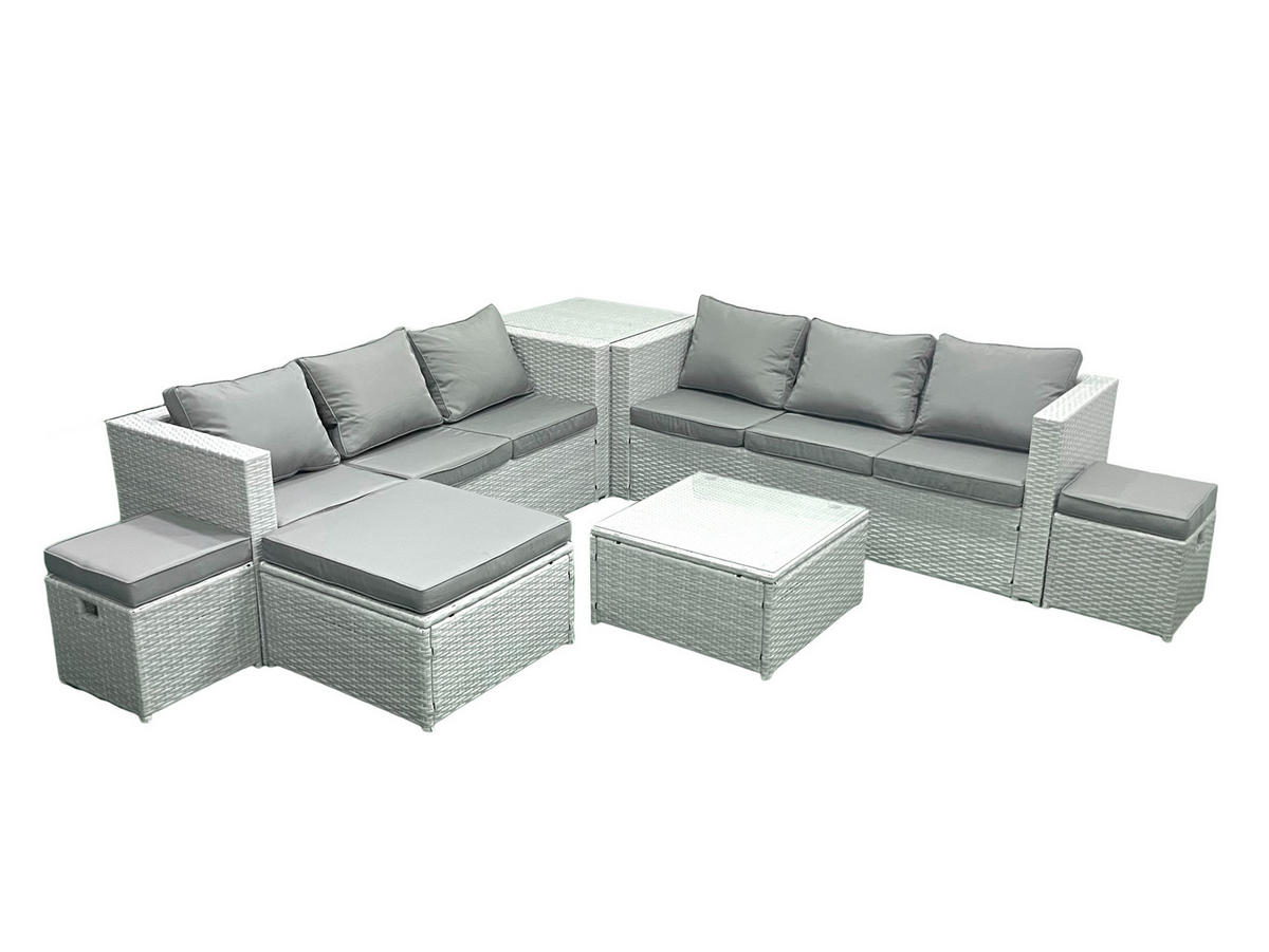 GARTENMÖBEL-SET mit Kissen Polyrattan Hellgrau-Mix 9-Sitzer - Hellgrau/Grau, Glas/Kunststoff - Fimous