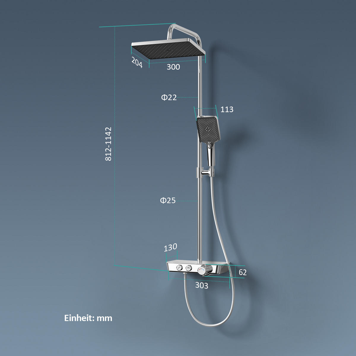 ÜBERKOPFBRAUSESET mit Armatur Thermostat und Ablage Chrom - Chromfarben, Metall (36/106.6/48.7cm) - EMKE