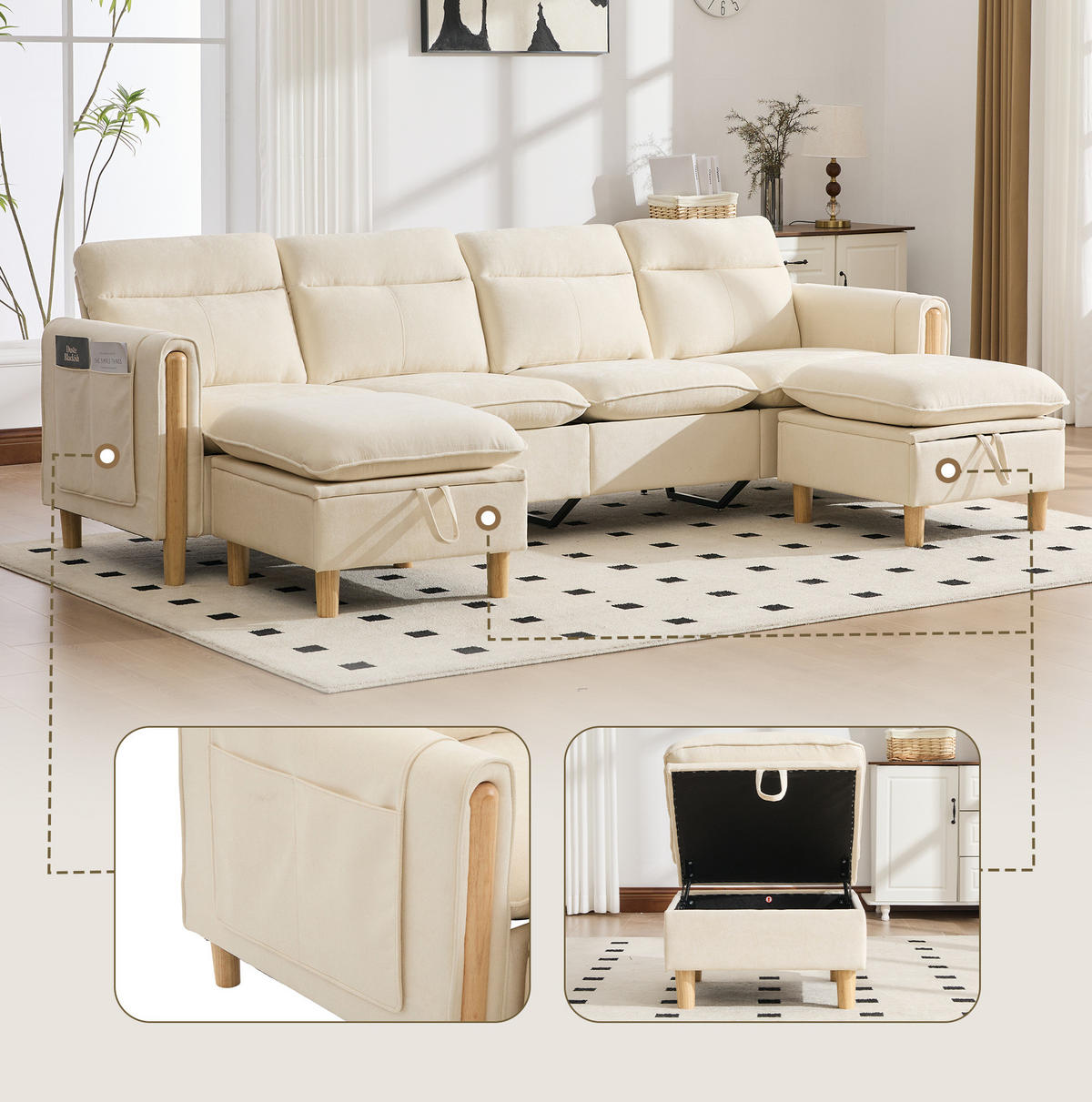 SOFA 261/77/86 cm in Beige mit Chenillebezug und 2 Stauraumhockern - Beige, Textil (77/86/261cm) - Flora Grace