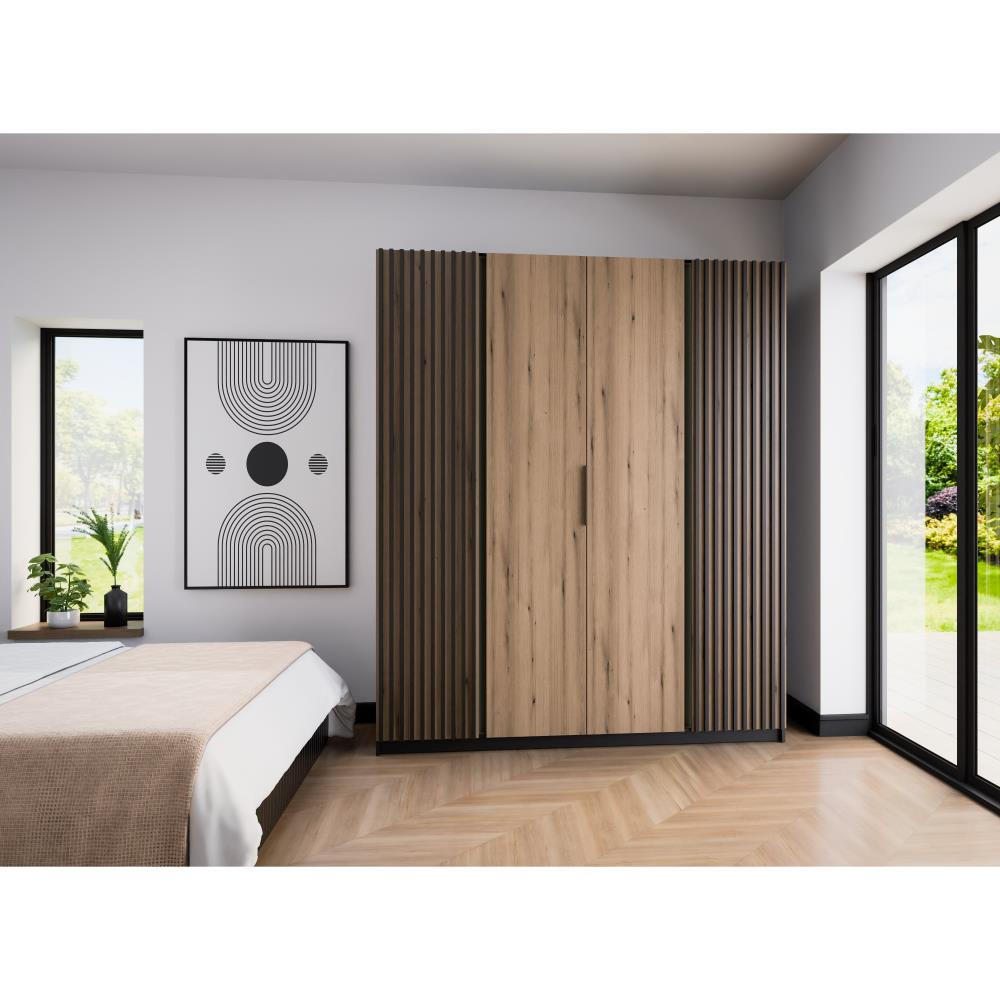 DREHTÜRENSCHRANK Kaya 200/62/239 4-Türig mit Lamellen - Eichefarben/Schwarz, Holzwerkstoff (200/239/62cm) - Beautysofa