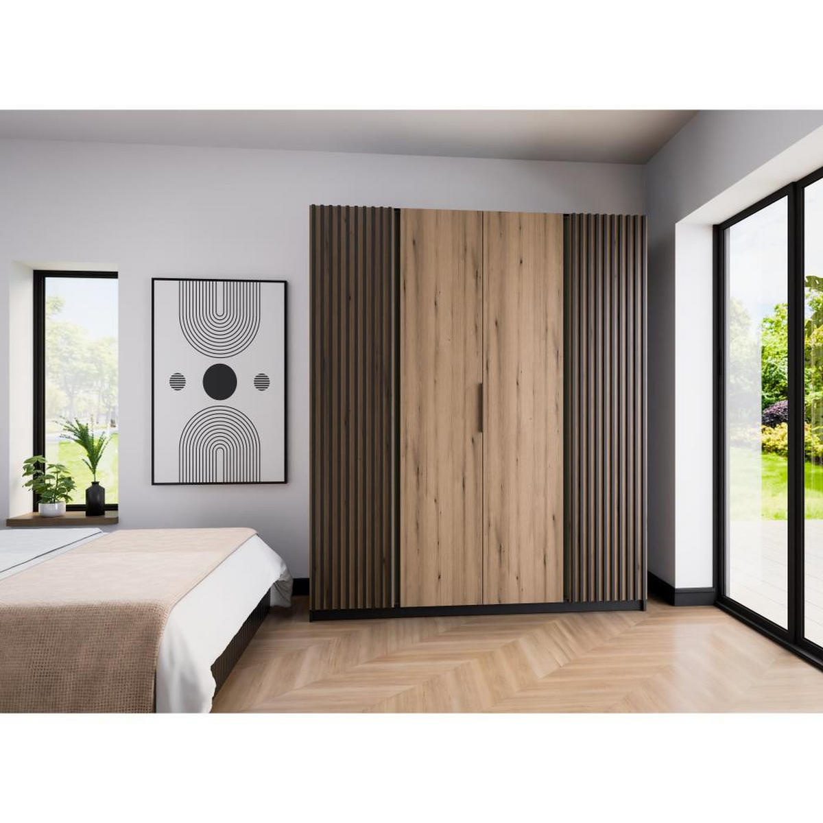 DREHTÜRENSCHRANK Kaya 200/62/239 4-Türig mit Lamellen - Eichefarben/Schwarz, Holzwerkstoff (200/239/62cm) - Beautysofa