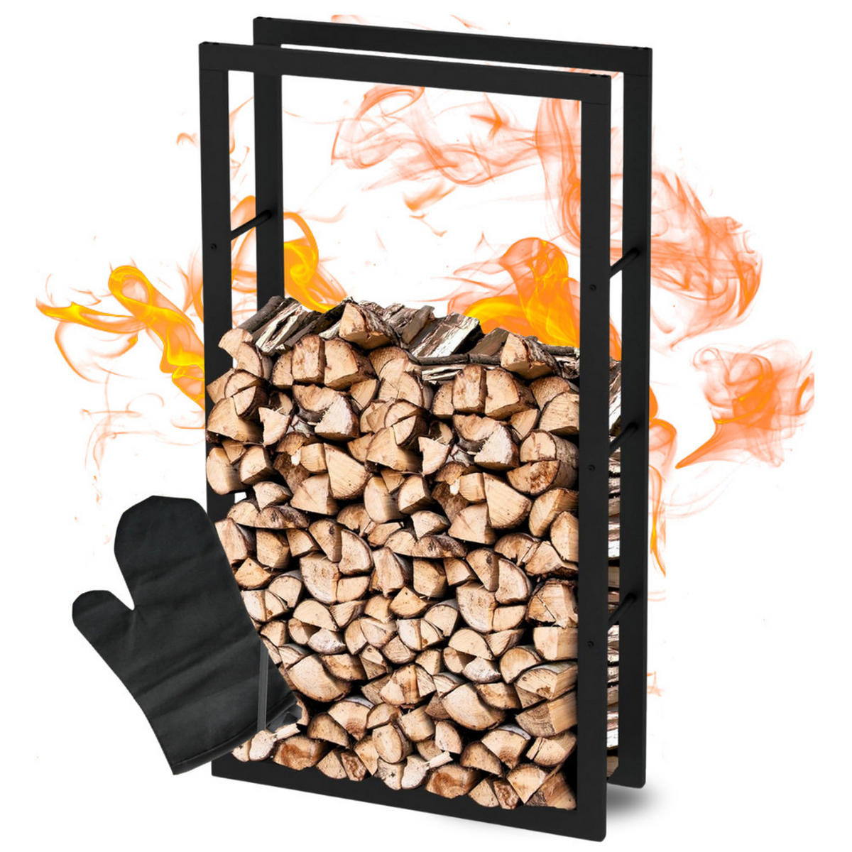 KAMINHOLZREGAL innen Metall KEOP Schwarz 80x25x150 cminkl. Ofenhandschuh - Schwarz, Metall (80/150/25cm) - DELUKE