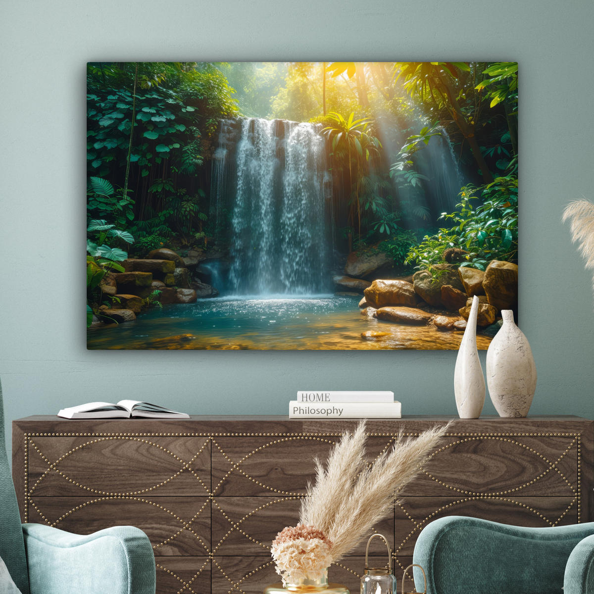 LEINWANDBILD Wasserfall - Dschungel - Sonne - Grün - Natur Wohnzimmer 120x80 cm - Grün, Textil (120/80cm) - MuchoWow