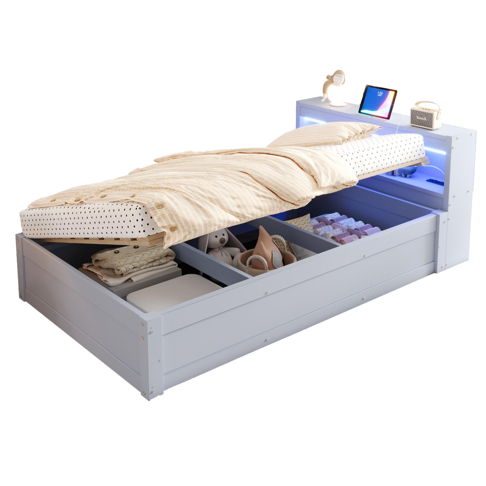 BETT 90/200 cm in Grau mit LED-Beleuchtung, Stauraum und Steckdose - Grau, Holzwerkstoff (90/200cm) - Flora Grace