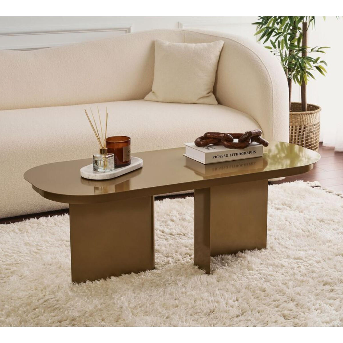COUCHTISCH mit abgerundeter platte und 2 beinen 44/120/45 cm - Goldfarben, Metall (124/44/45cm) - Calicosy