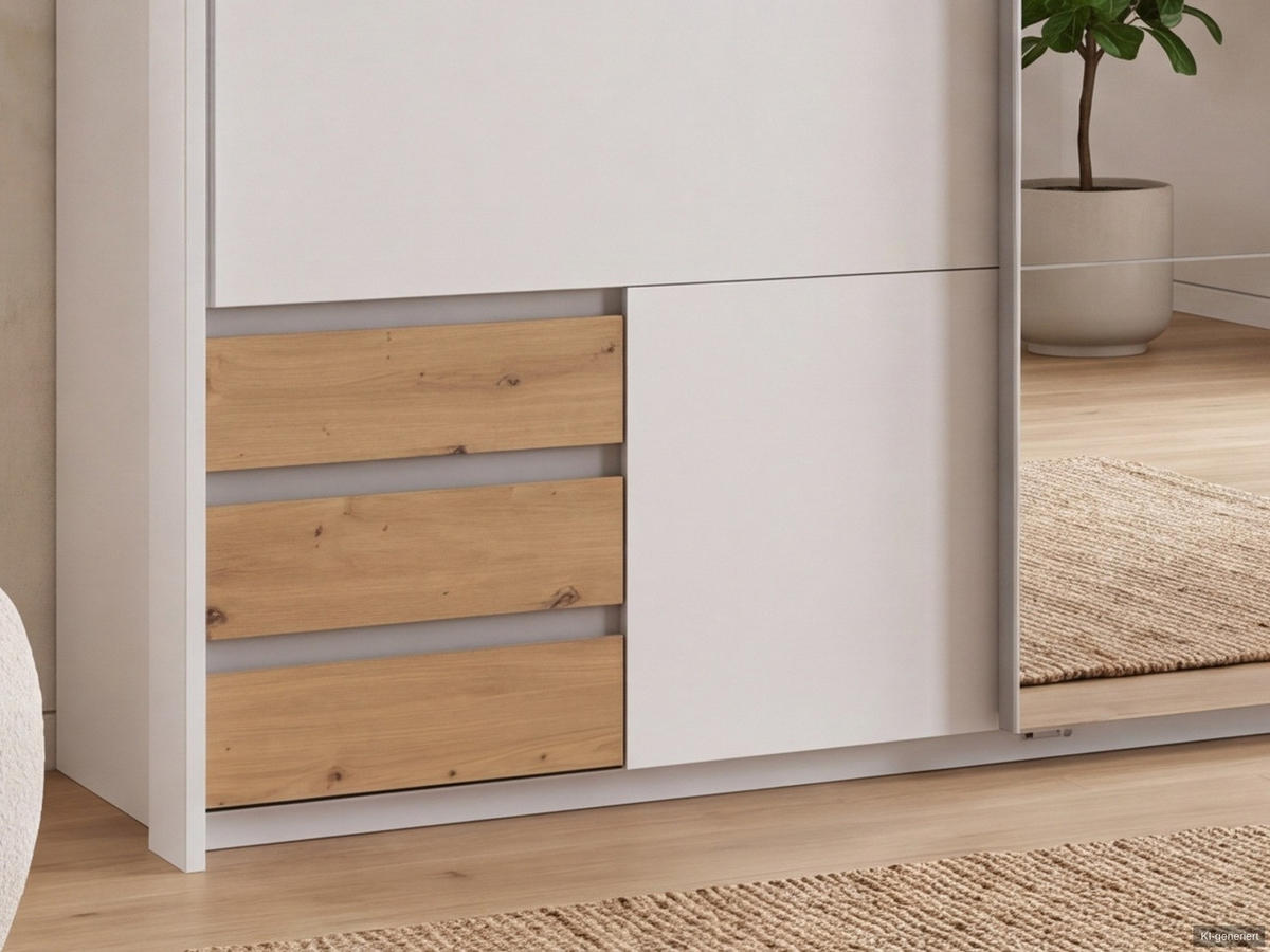 SCHWEBETÜRENSCHRANK 2-türig B183/H200/T65 cm, Passepartout-Kleiderschrank in Weiß mit Spiegel, 1x Tür & Schubkästen in Eiche Artisan Dekor / 22711 - Alufarben/Weiß, Holz/Holzwerkstoff (183/200/65cm) - luma-home