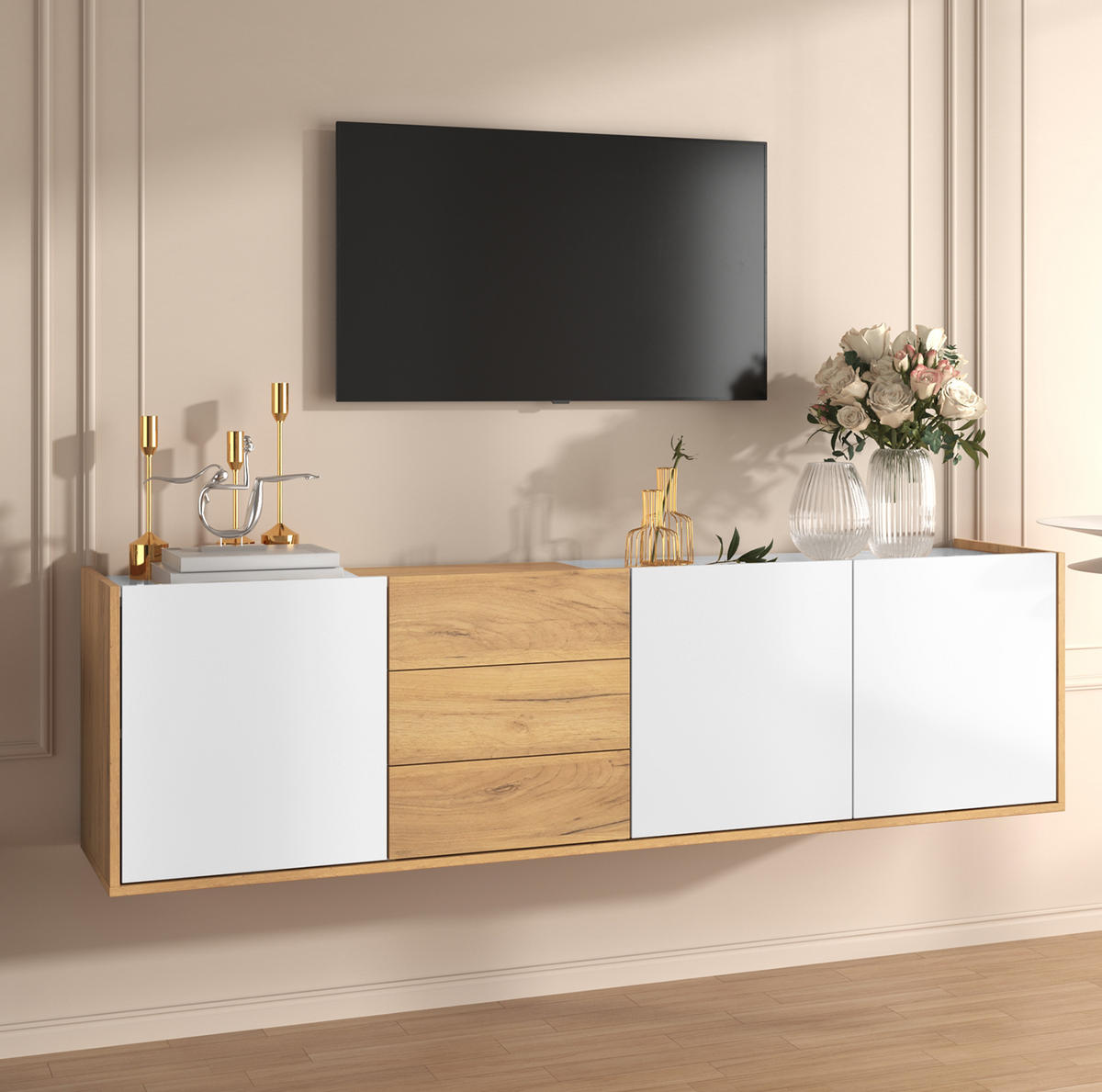 TV-SCHRANK 171,5/35/47 cm weiß Holz MDF mit 3 Türen und 3 Schubladen - Weiß, Holzwerkstoff (171.5/47/35cm) - OKWISH
