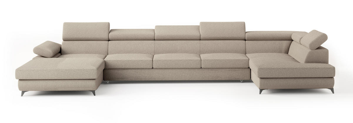 WOHNLANDSCHAFT MONTIVA Beige Boucle-Stoff mit Schlaffunktion - Beige, Holz (410/89/190cm) - MASSENO