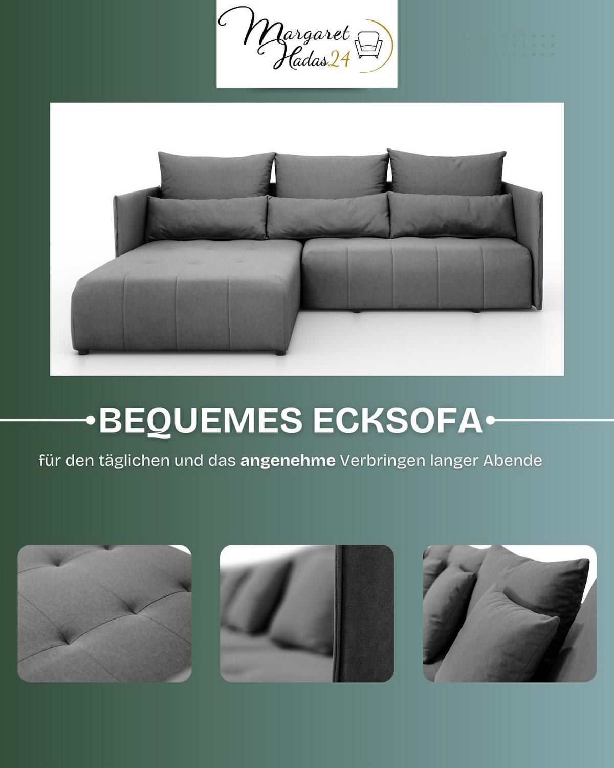 ECKSOFA L Form Hanna 246 x 188 cm mit Schlaffunktion und Bettkasten, 4 Sitzer, Bettzeugablage, Sofa, Eckcouch, dunkelgrau, links - Dunkelgrau, Kunststoff (246/188cm) - Margaret Hadas24