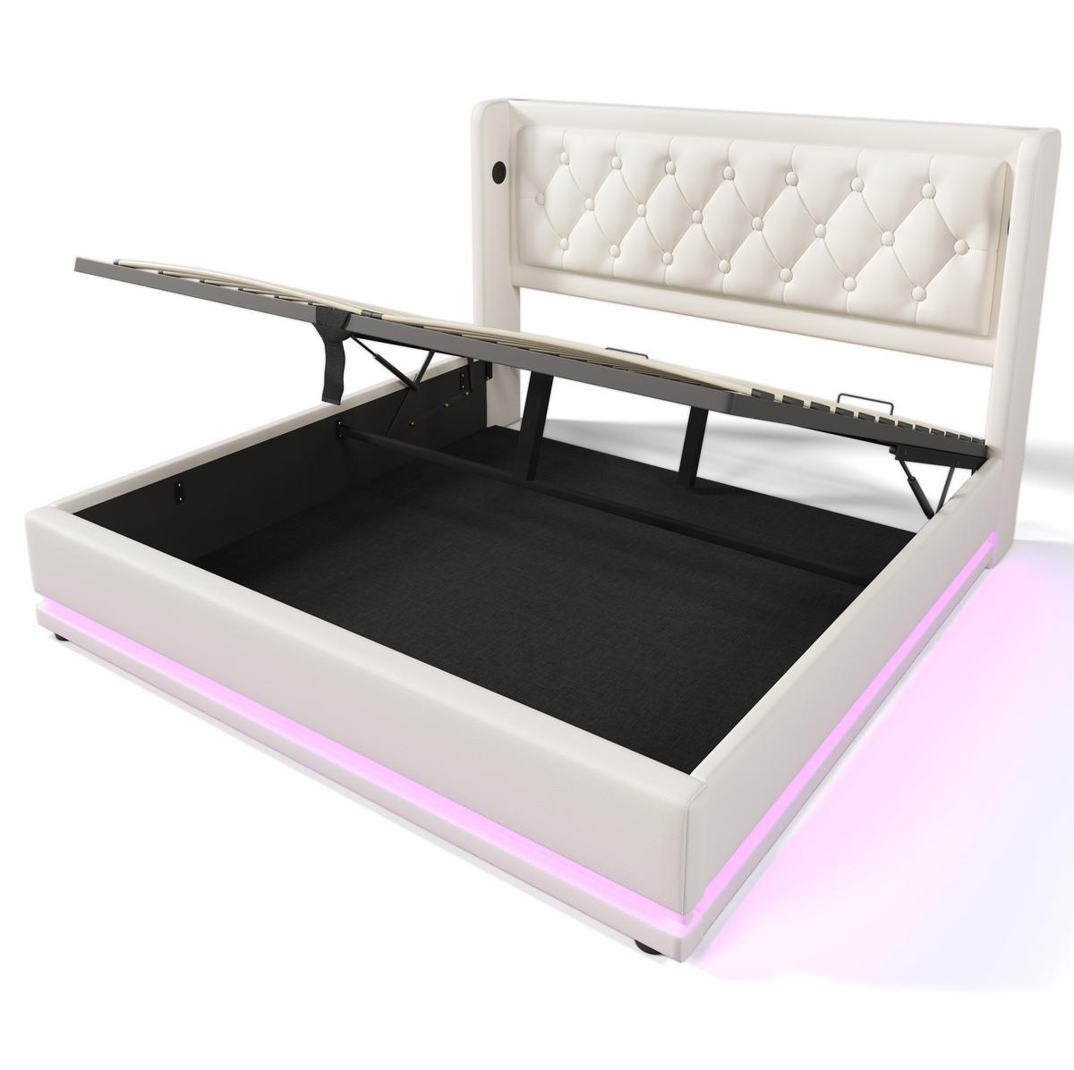 POLSTERBETT aus PU 140x200 cm in Weiß mit LED-Beleuchtung & USB-C inklusive Matratze - Weiß, Leder (140/200cm) - Modfu