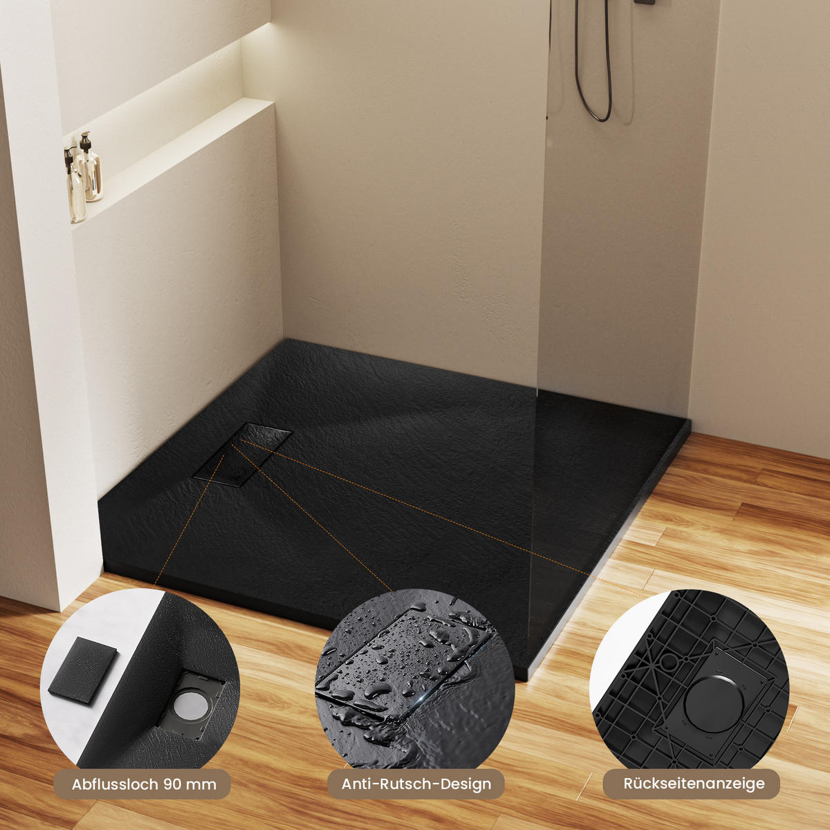 DUSCHWANNE mit rutschhemmender Oberfläche Schwarz 90/90 cm - Schwarz, Naturmaterialien (90/2.6/90cm) - EMKE