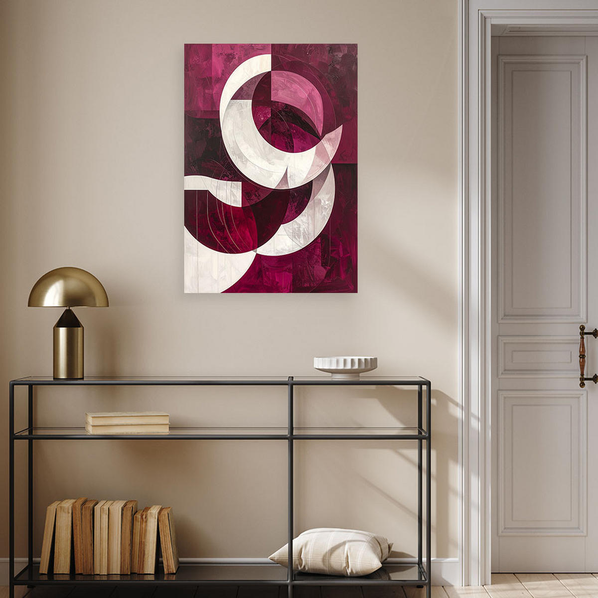 BILD auf Leinwand, Moderne Abstraktion mit burgunderroten Kreisen und Bögen - Rot, Textil (30/45cm) - Feeby