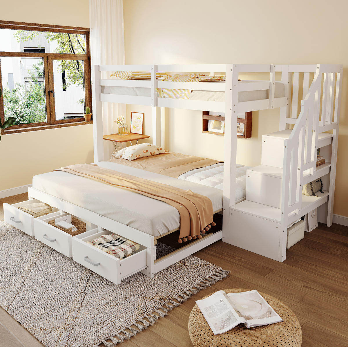 ETAGENBETT 90/200 cm aus Kiefernholz mit Ausziehbett und Stauraumleiter Weiß - Weiß, Holz (90/200cm) - Modenvie