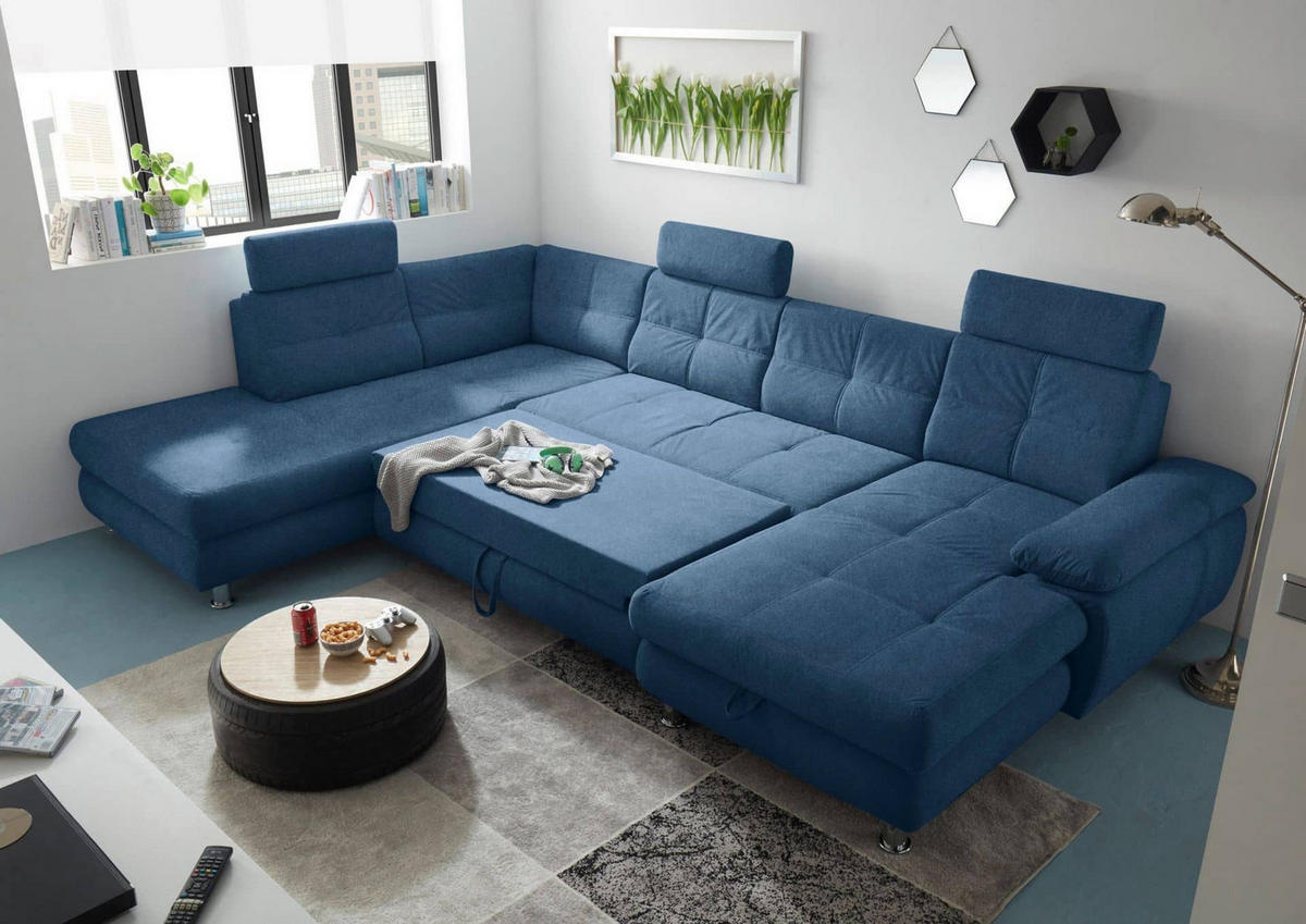 WOHNLANDSCHAFT mit Schlaffunktion, Bettkasten und verstellbaren Arm- und Kopflehnen - Chromfarben/Blau, Textil/Metall (349/88/233cm) - ed exciting design