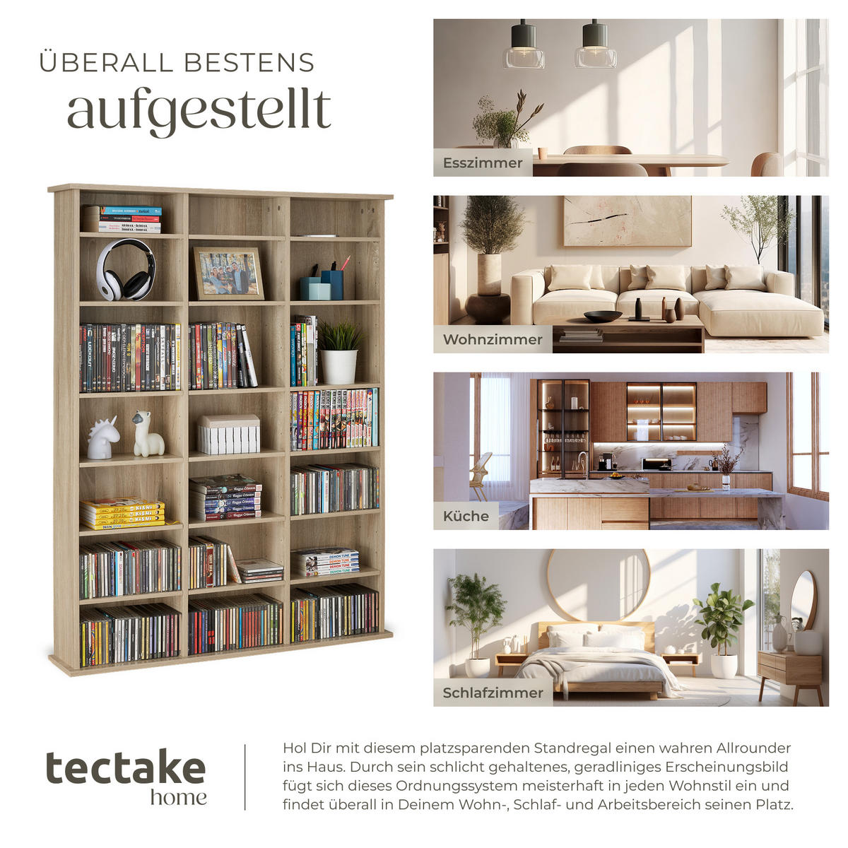 CD/DVD Regal Stevie,105,5 x 19 x 136,5 cm,Holz hell, Eiche Sonoma - Eiche Artisan, Holz (19/136.5/105.5cm) - tectake
