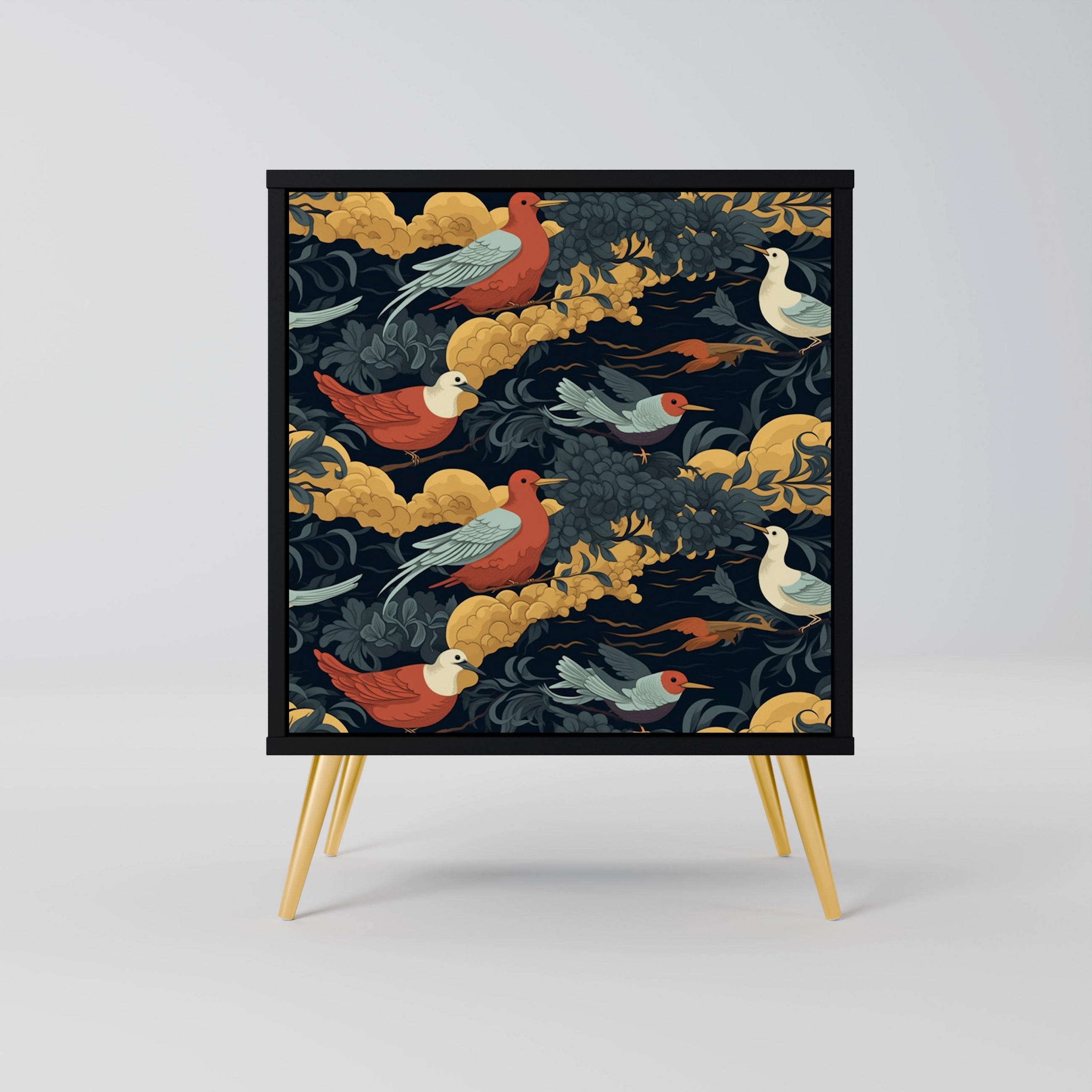 SIDEBOARD FOWLY DAZE, Schwarz, 57,5x42x75,5 cm, Goldfarbene Metallfüße - Goldfarben/Multicolor, Holzwerkstoff/Metall (57.5/75.5/42cm) - SpaceRebels
