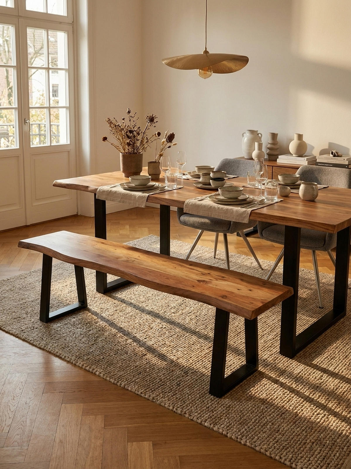 ESSZIMMERBANK Massivholz Metall Baumkante ohne Lehne, Akazie 120x40x46 cm - Schwarz/Braun, Holz/Metall (120/46/40cm) - KADIMA DESIGN