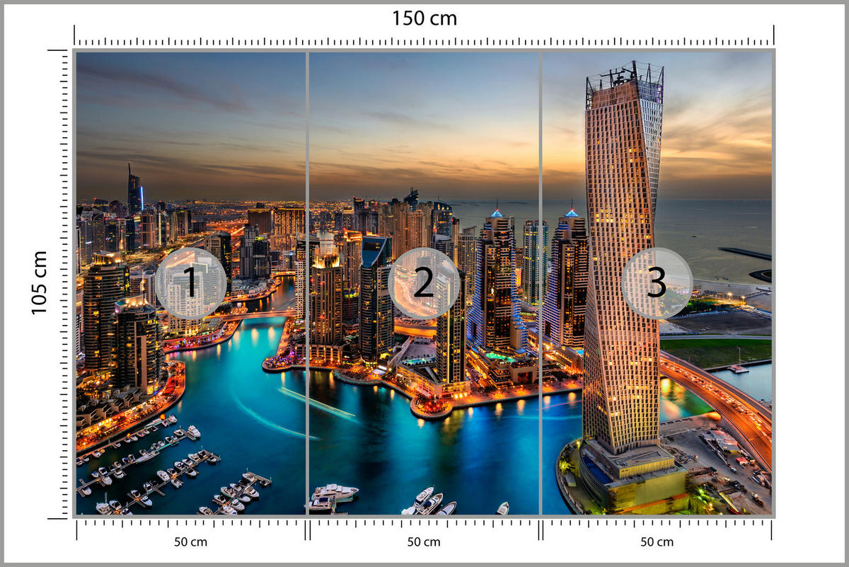 FOTOTAPETE für Büro Hochhäuser Dubai Marina Hafen Lichter Modern 150x105 - Türkis/Gelb, Papier (150/105cm) - Muralo