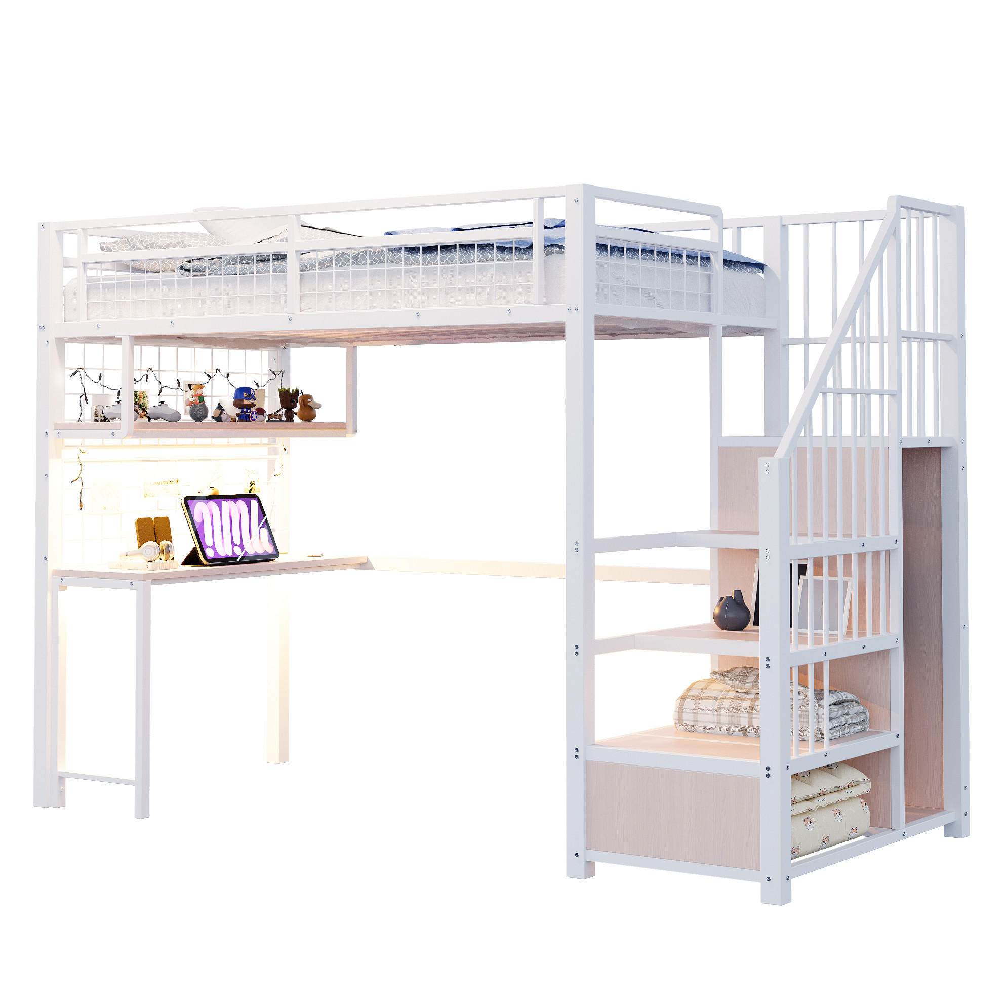 HOCHBETT 90/200 cm mit Schreibtisch, LED-Lichtleiste, Steckdosen, Stauraumtreppe und Kleiderbereich, Weiß - Weiß, Metall (90/200cm) - Redom