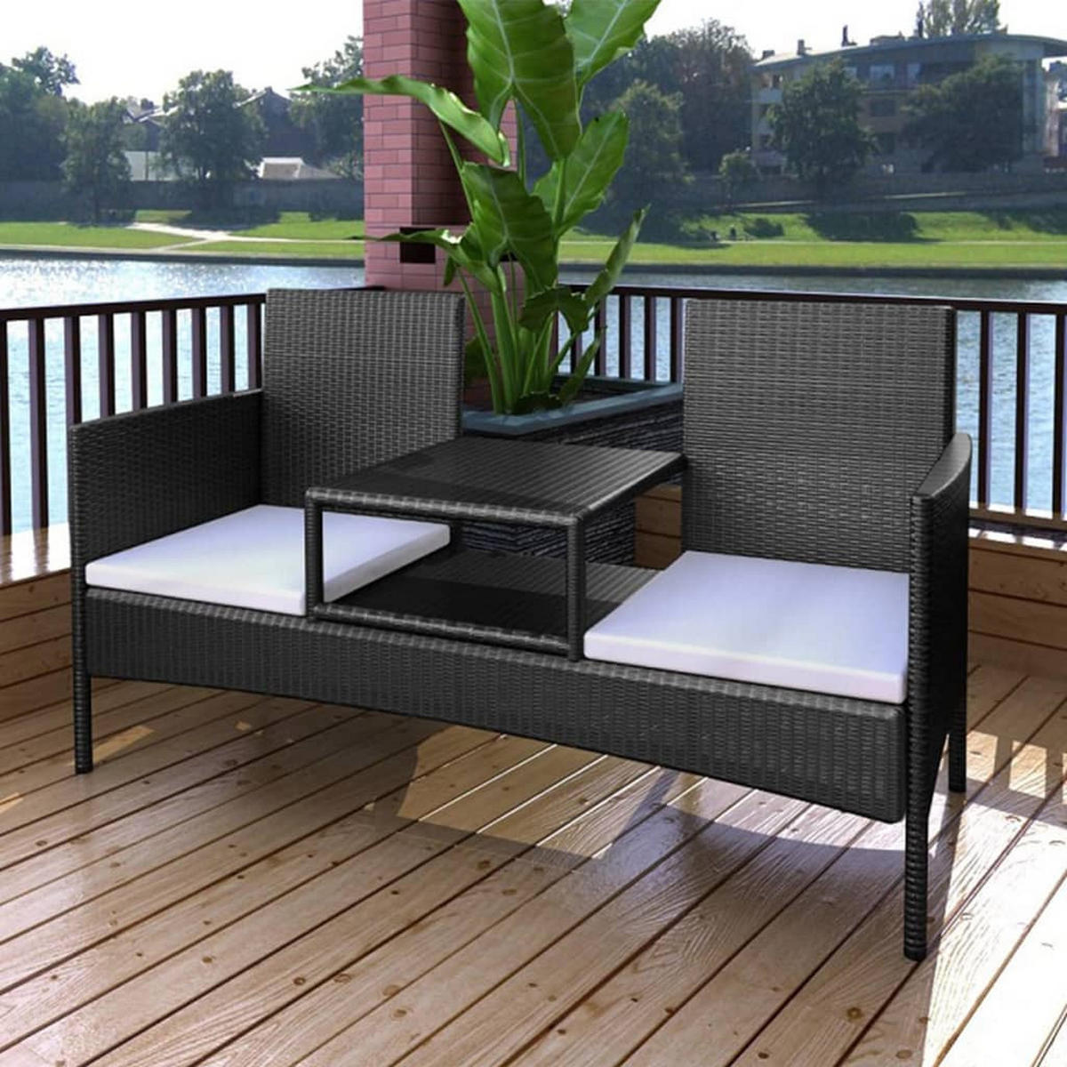 GARTENSOFA 2-Sitzer mit Teetisch Poly Rattan Schwarz - Schwarz, Holz (152/85/62cm) - furnicato