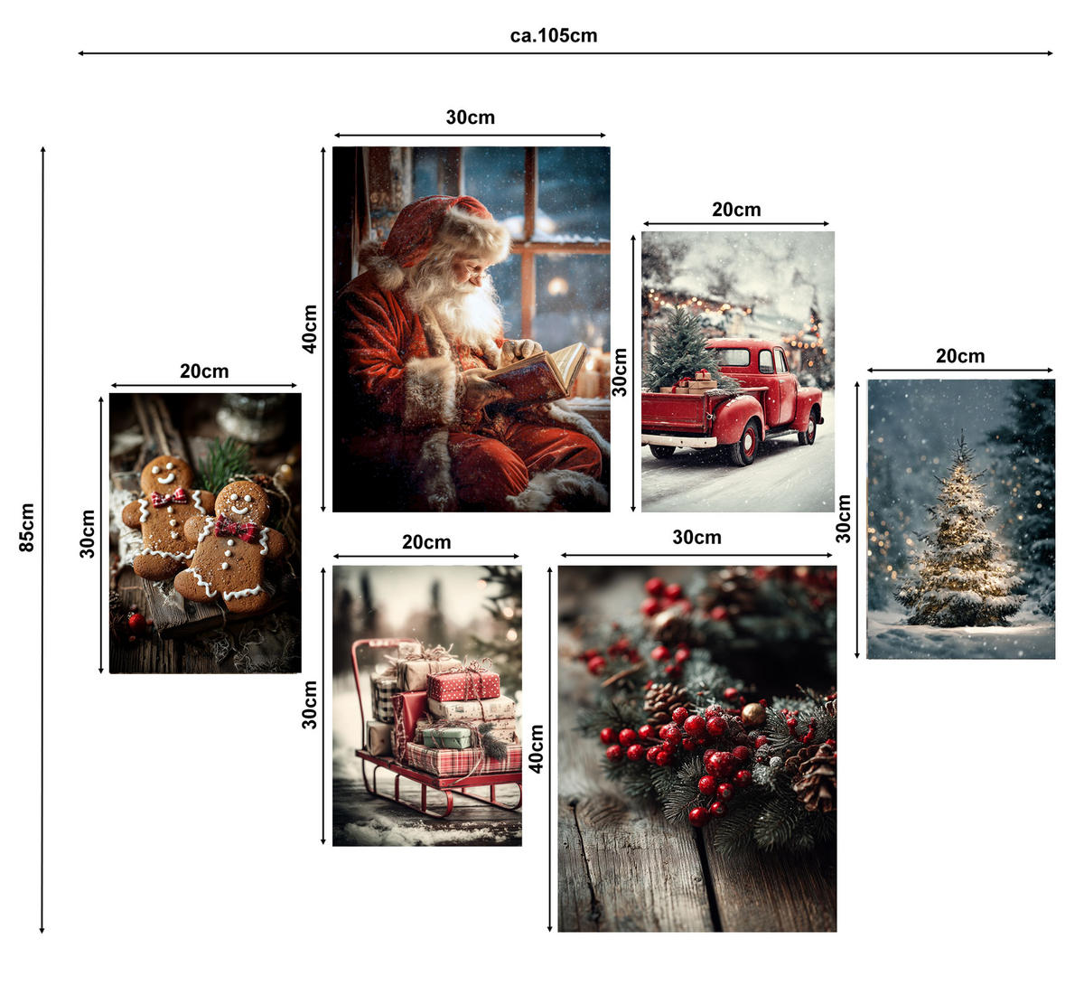 BILDERSET 6er-Set 30x40 cm + 20x30 cm Weihnachten - Anthrazit, Kunststoff (105/85/2cm) - artissimo