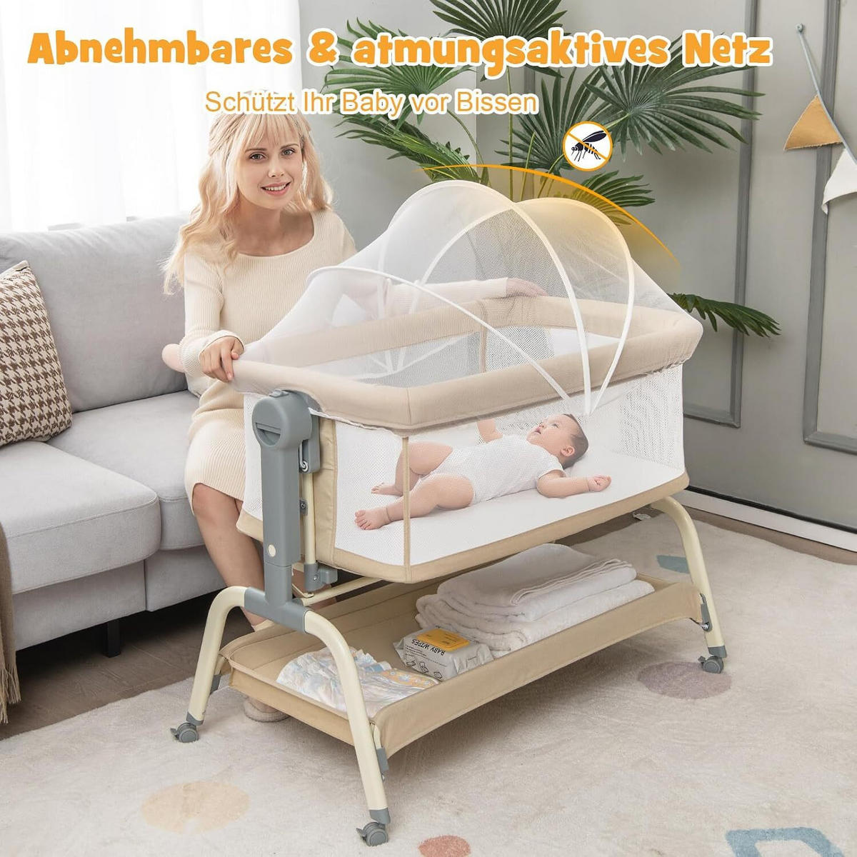 BABYWIEGE faltbar beige - Beige, Textil - COSTWAY