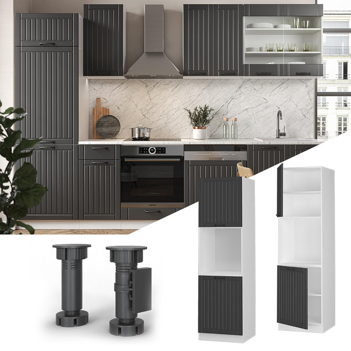 HERDUMBAUSCHRANK Fame-Line Anthrazit Landhaus 60 cm offen - Dunkelgrau/Anthrazit, Holzwerkstoff (60/206.8/58cm) - Vicco