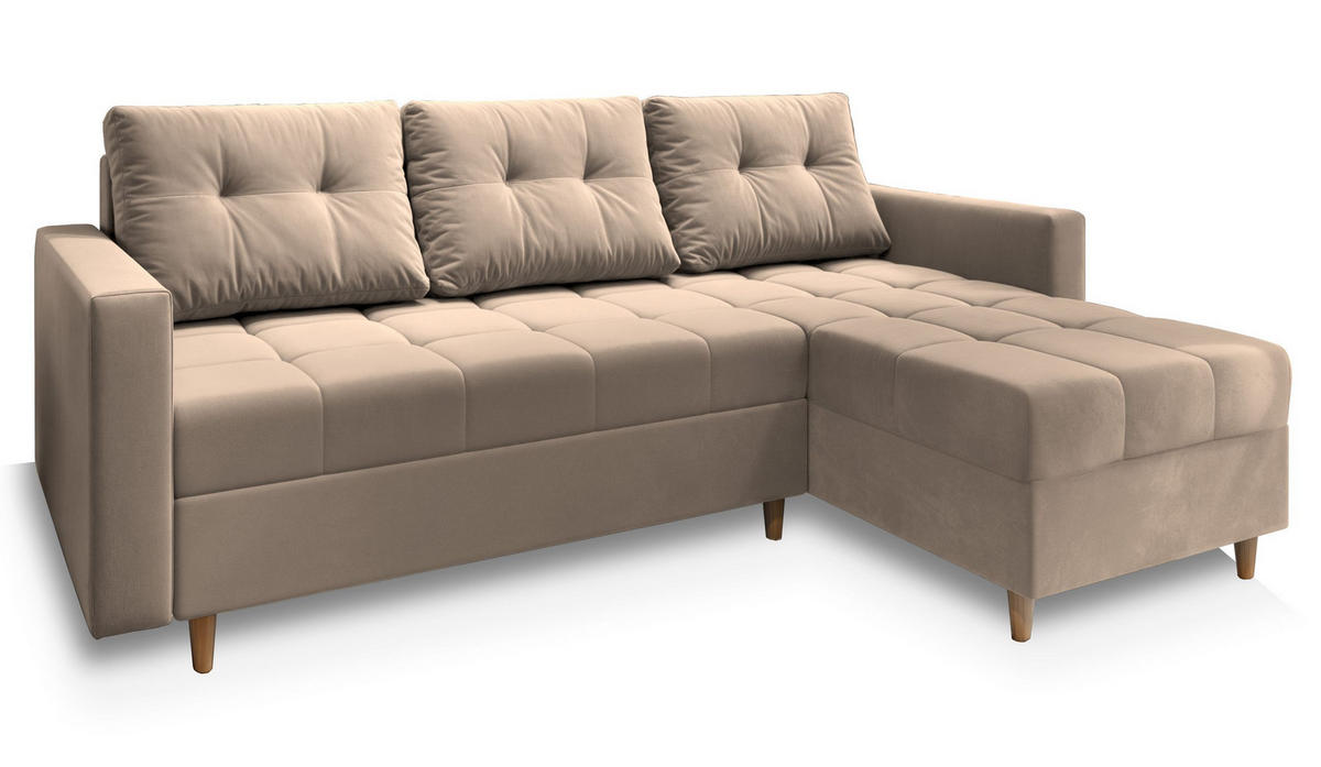 ECKSOFA MILO L Beige Plüsch-Stoff mit Schlaffunktion - Beige, Holz (220/140cm) - MASSENO