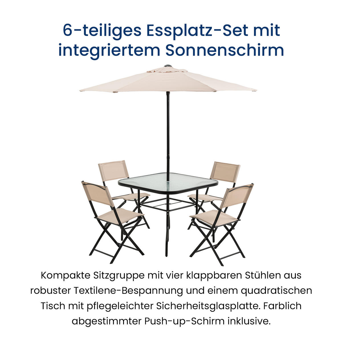 GARTENMÖBEL-SET mit 1 Esstisch. 4 Klappstühlen und 1 Aufstellschirm. Schwarz und Beige - Beige/Schwarz, Metall - Home Collective