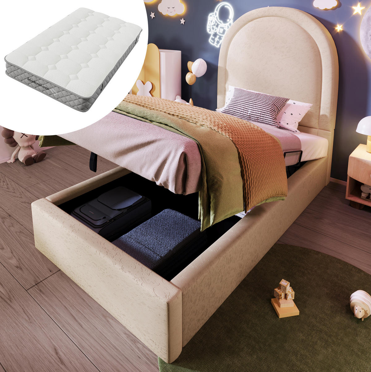 KINDERBETT 90/200 cm Beige aus PU mit Matratze und Stauraum - Beige, Kunststoff (90/200cm) - OKMYHOME