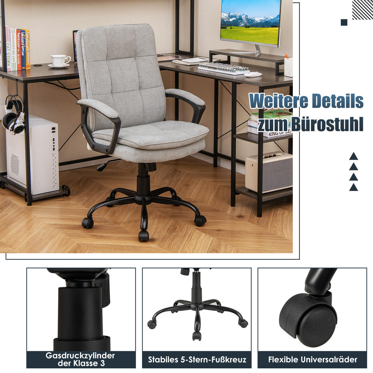 BÜROSTUHL höhenverstellbar mit Armlehnen und Rollen grau - Grau, Metall (50/104/45cm) - COSTWAY