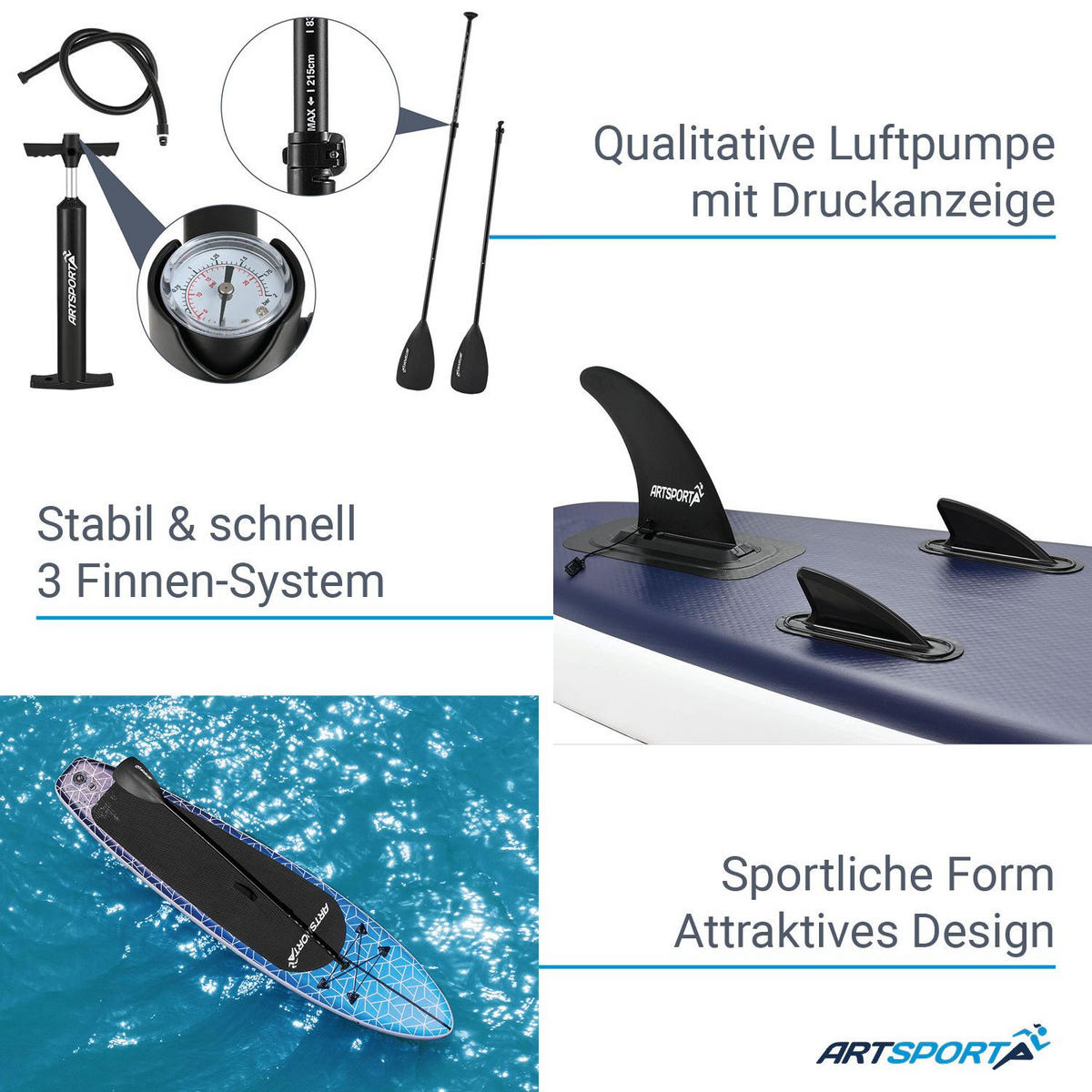 STAND UP Paddle Board Deep Ocean aufblasbar mit Tasche & Zubehör - Blau, Kunststoff (320/76.5/15cm) - Artsport
