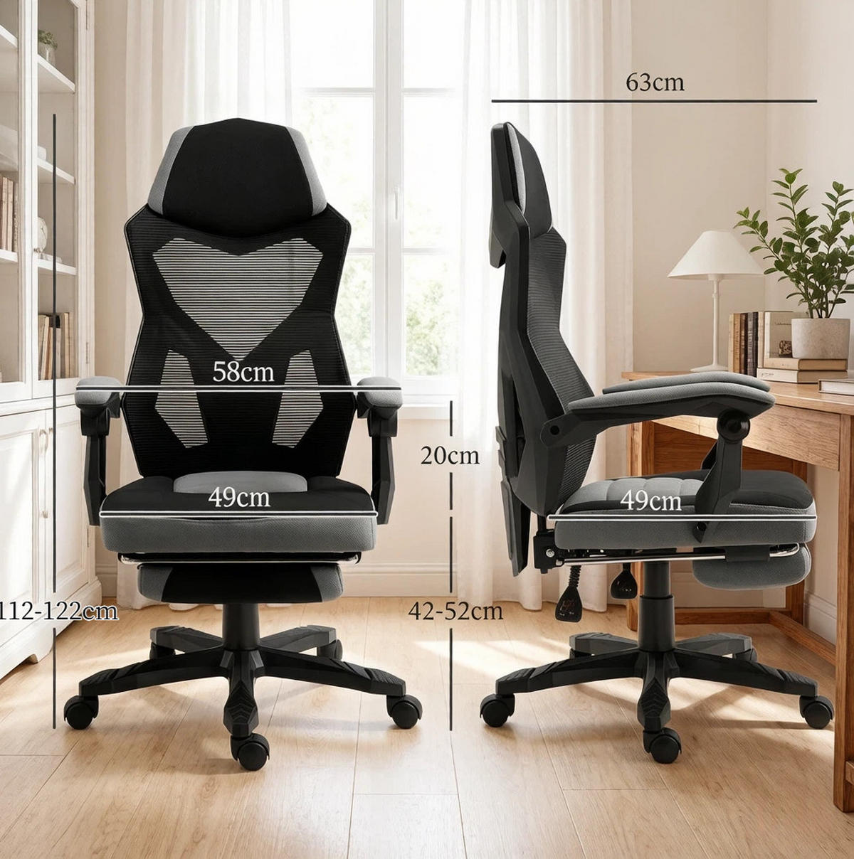 GAMING-BÜROSTUHL in Schwarz-Grau 63x58x122 cm mit verstellbarer Sitzhöhe und klappbarer Fußstütze - Schwarz, Kunststoff (58/122/63cm) - IVMEU