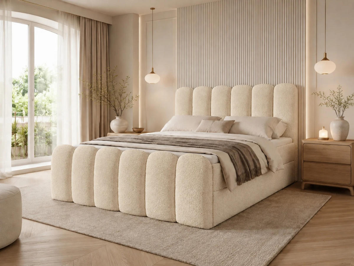 BOXBETT CUDDLE 140x200 cm in Creme, Bettkasten, Topper, Bouclé-Stoff - Ecru, Holz/Textil (140/200cm) - EMLAR Home