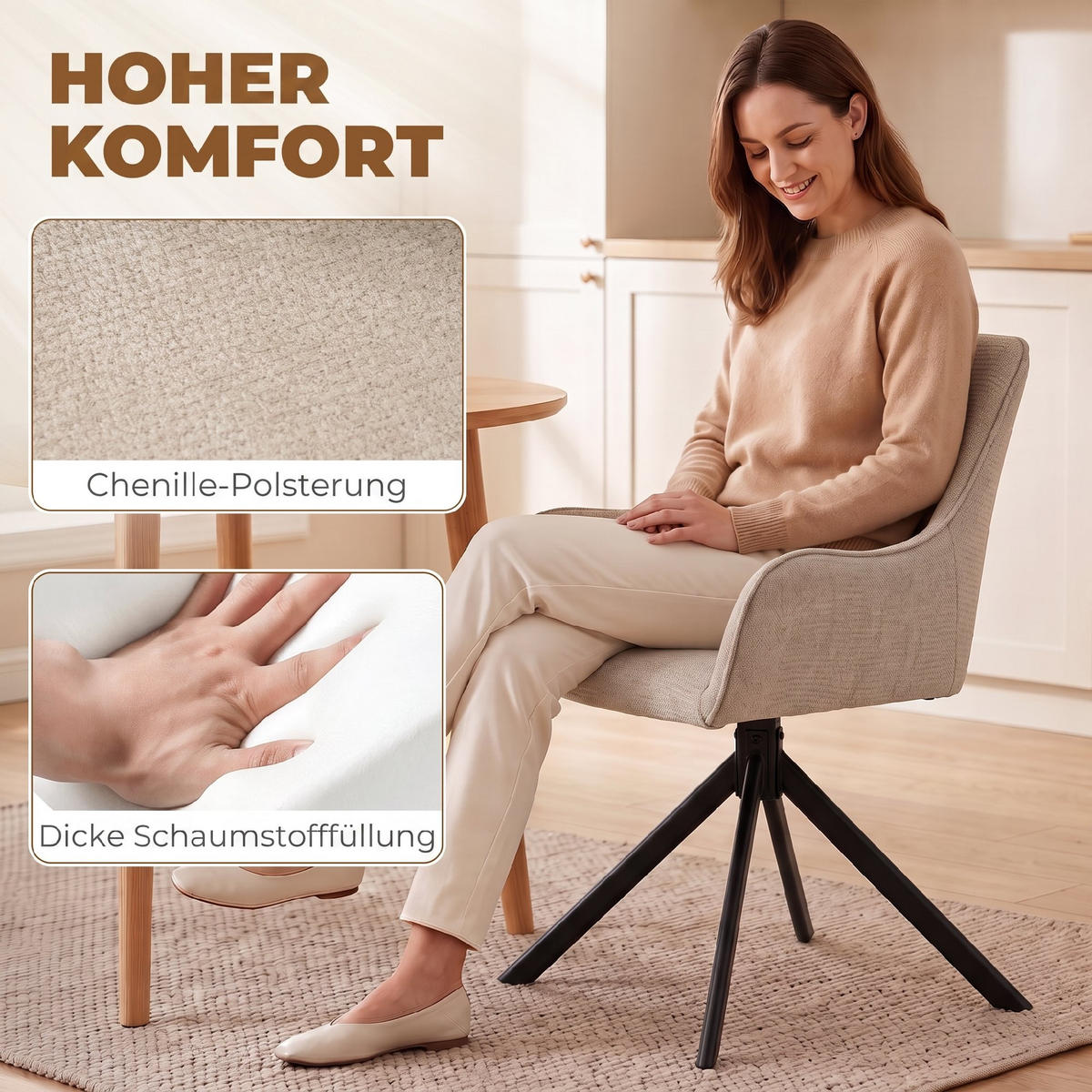MATSALSSTOLAR, 2-set, polyester och metall, beige - Beige/Svart, Textil/Metall (55/82/60cm) - HOMCOM