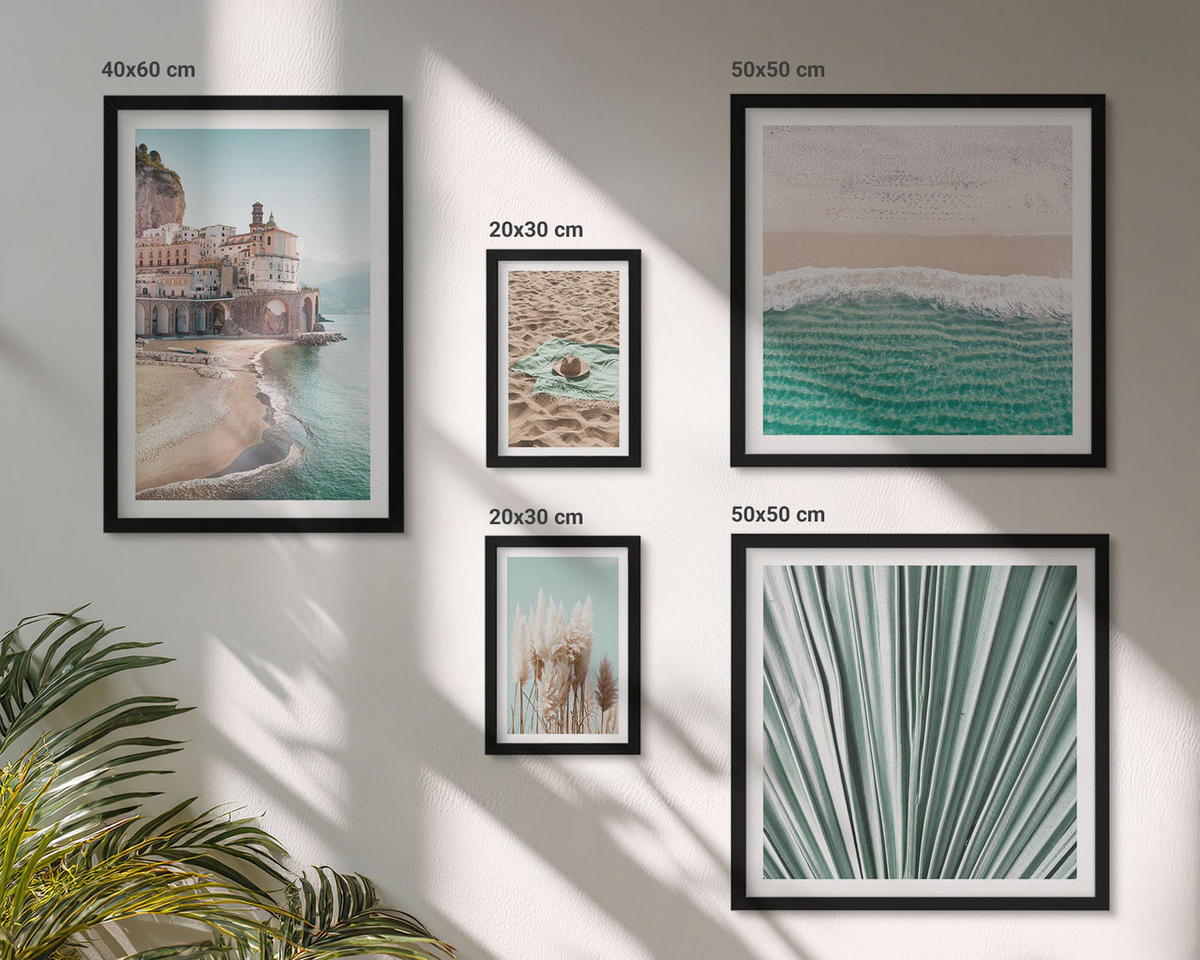 BILDER SET 5er Set - 50x50 cm & 20x30 cm & 40x60 cm Schwarzer Rahmen - Strandwellen Grashut - Schwarz, Kunststoff (40/60cm) - TULUP