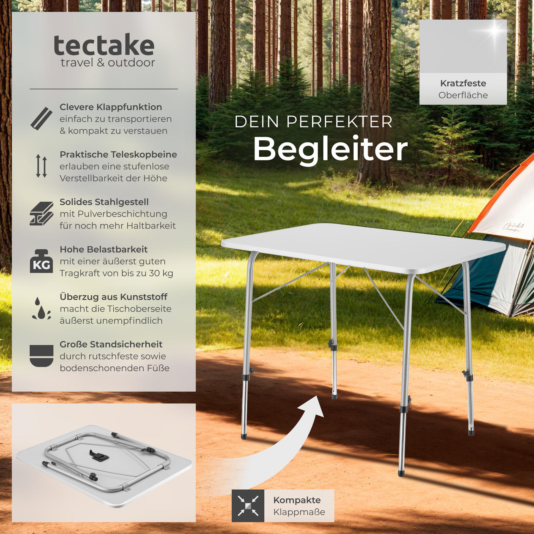 CAMPINGTISCH Julian,80 x 60 x 68 cm,grau - Grau, Holz (80/60/68cm) - tectake