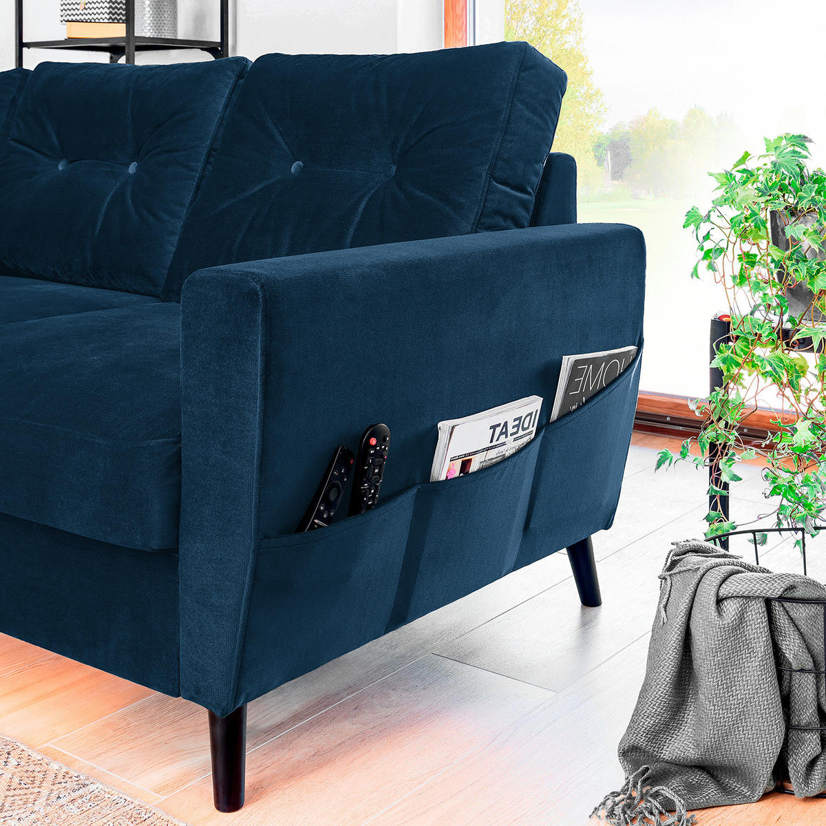 ECKSOFA mit Longchair - Schwarz/Dunkelblau, Buchenholz/Textil (233/148cm) - home24