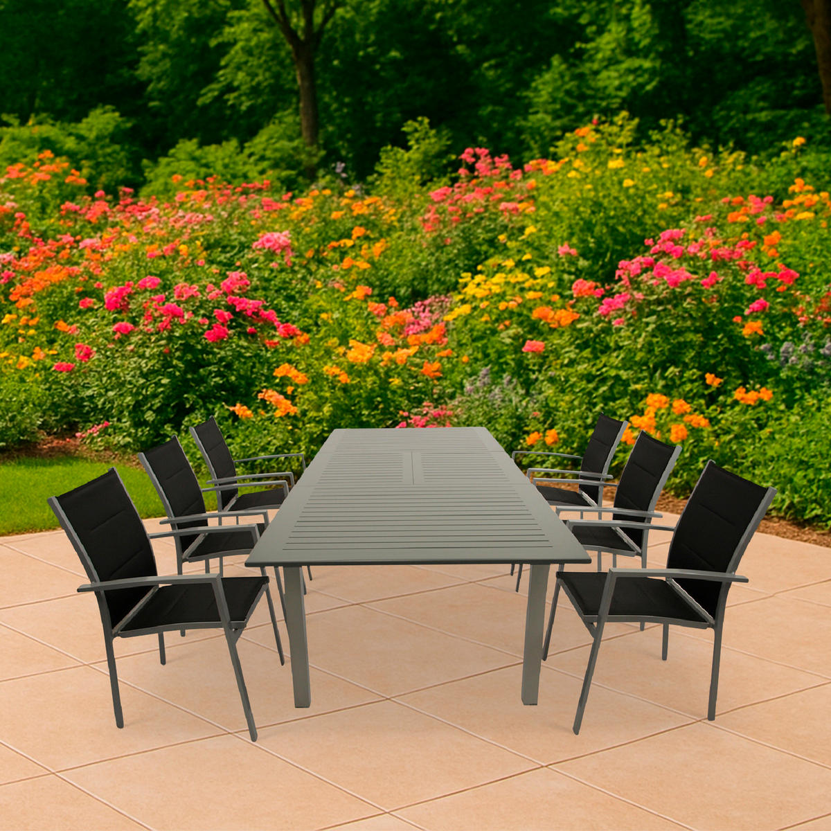 GARTEN-GARNITUR Ashford - 7-teilige Garten-Essgruppe (6x Stapelsessel mit Aluminiumgestell, Bespannung Textillehne schwarz, Ausziehtisch - Schwarz, Metall - TPFGarden