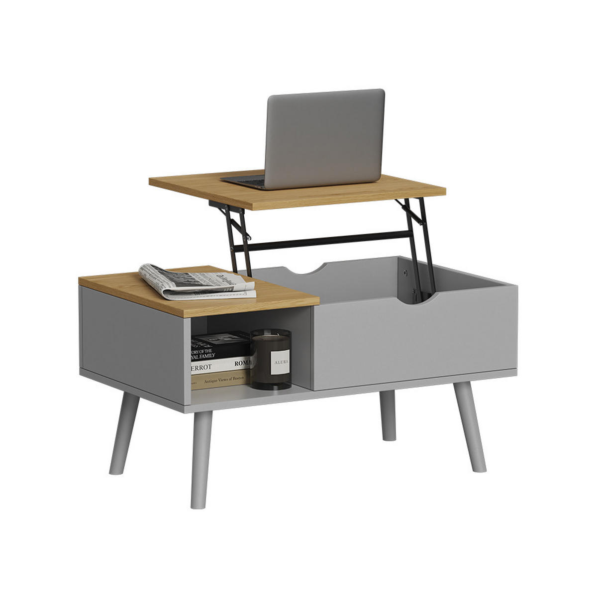 COUCHTISCH Stora Grau 76 x 45 cm mit Liftfunktion - Eichefarben/Grau, Holzwerkstoff (45/76/40cm) - Vicco