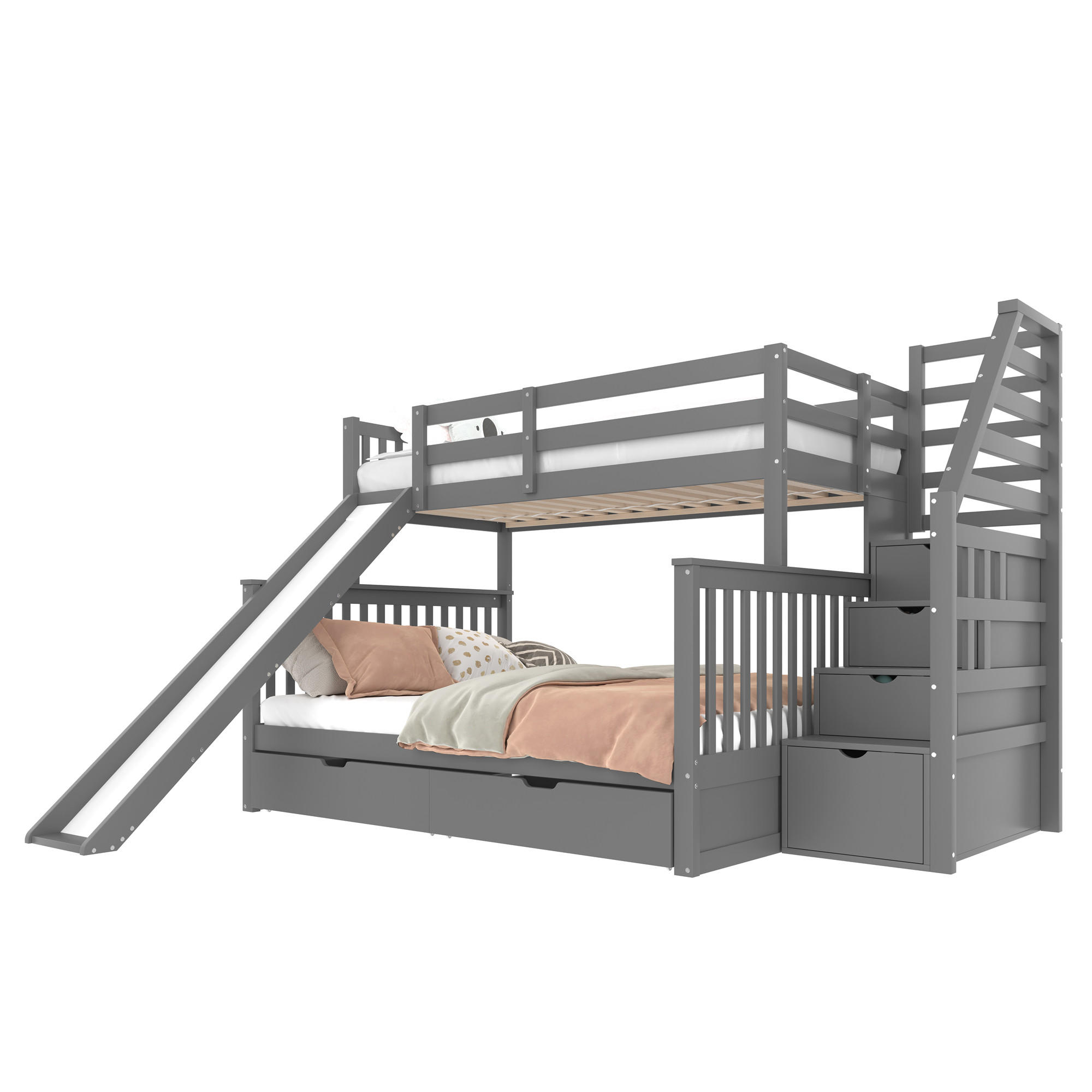 STILVORA ETAGENBETT 90/200 cm & 140/200 cm in Grau mit Schubladen, Stauraum und Rutsche
