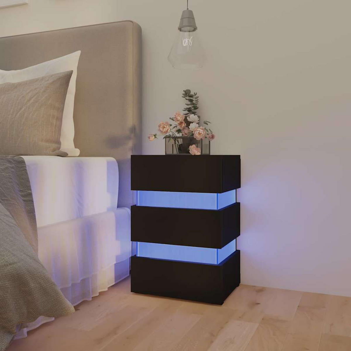 NACHTTISCH mit LED 45/35/67 cm aus Holzwerkstoff in Schwarz - Schwarz, Holz (45/67/35cm) - vidaXL
